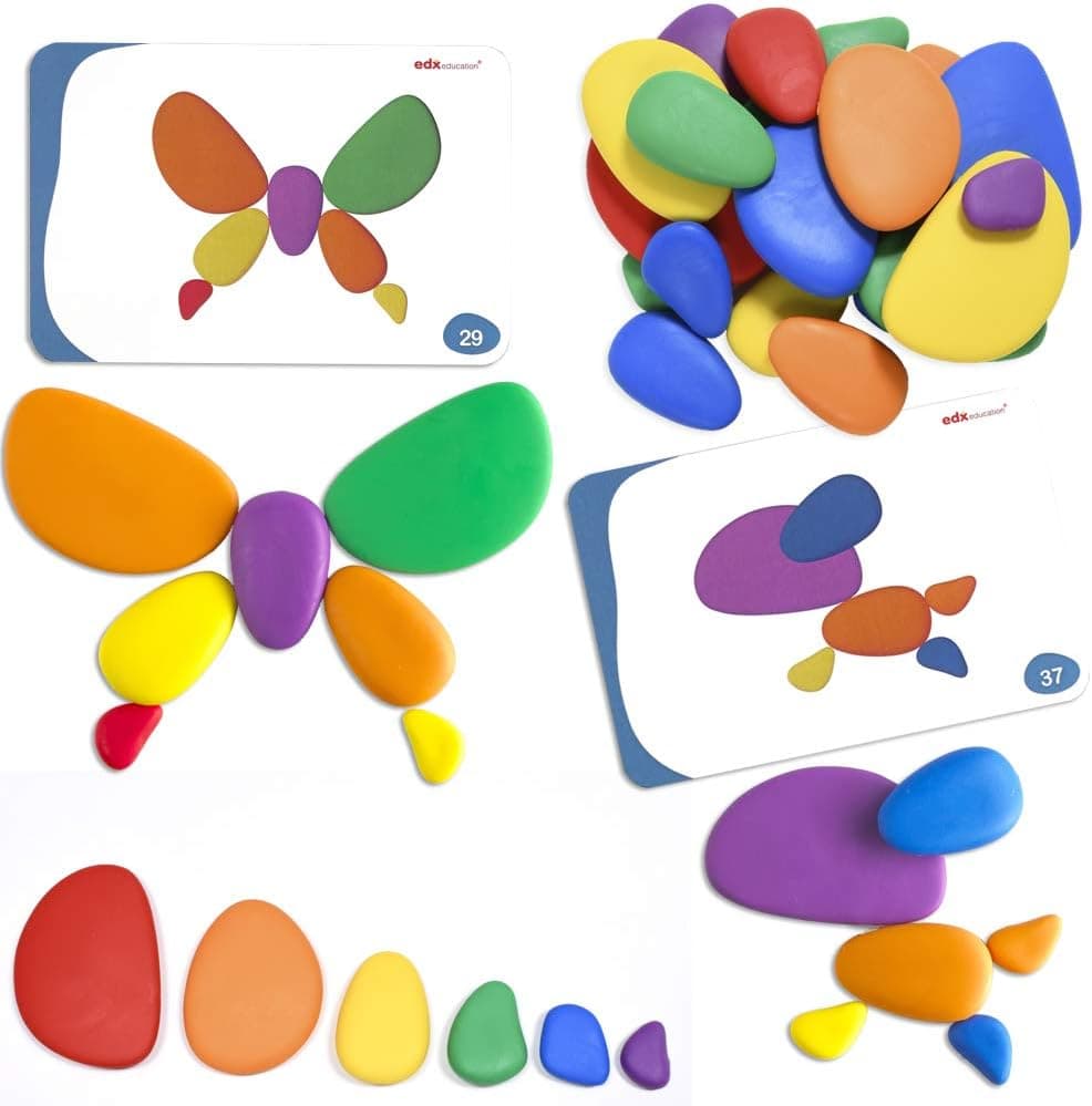 Learning Advantage Conjunto de 36 pedras táteis em 6 tamanhos e 6 cores, com 20 cartões de atividade frente e verso numa caixa de plástico resistente