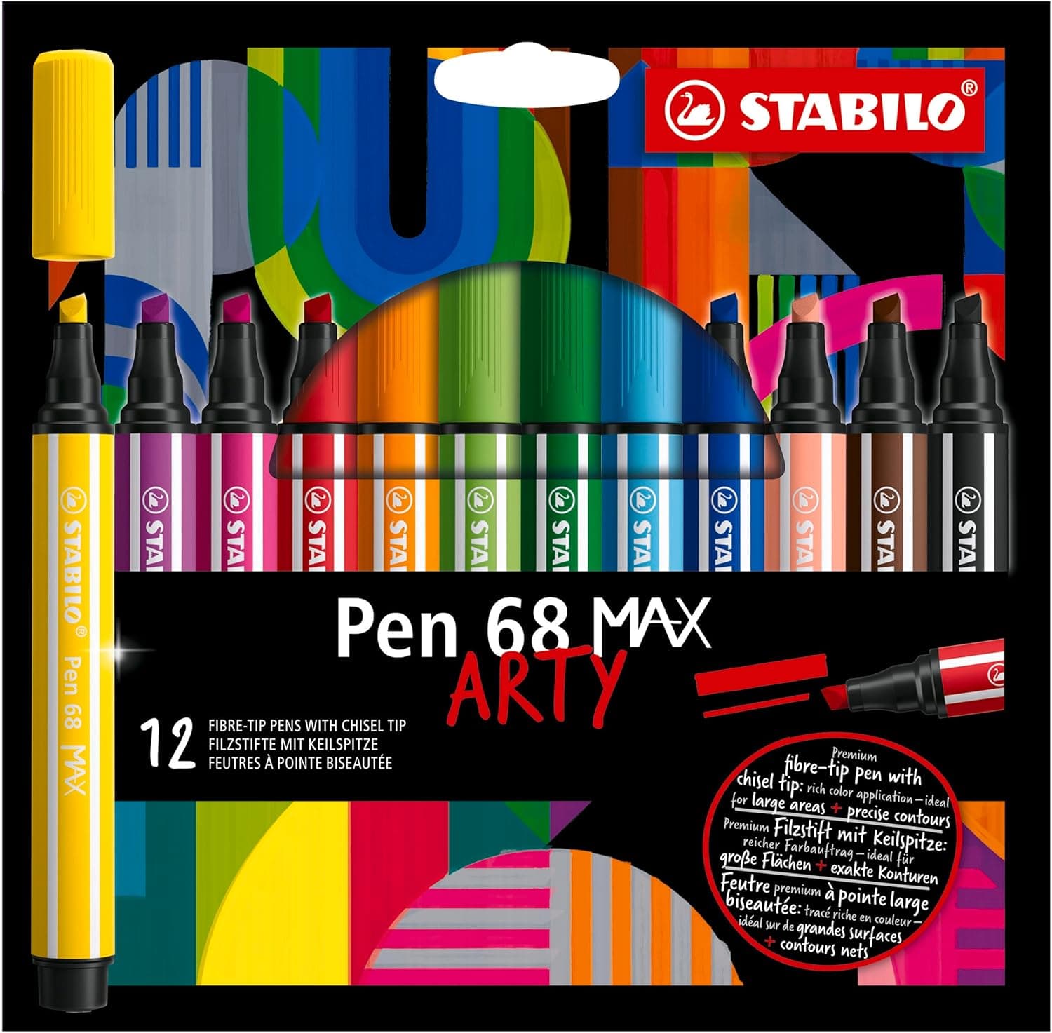 STABILO Marcador de ponta chanfrada premium (1 + 5 mm), caneta 68 MAX, estojo ARTY com 12 cores
