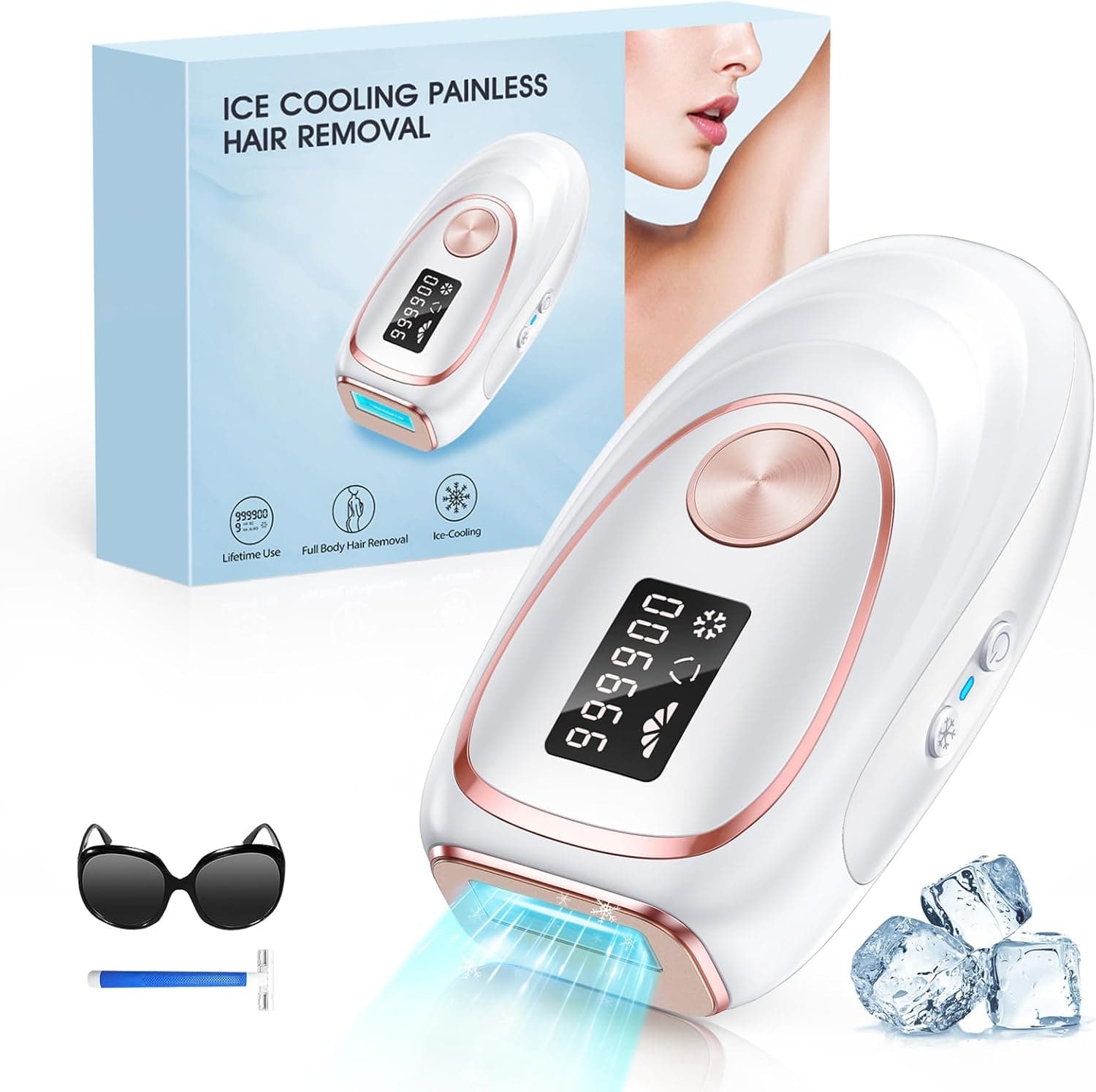 Depiladora de luz de pressão IPL com função de refrigeração, 999,900 Flashes, 5 níveis de energia, máquina de depilação laser indolor para mulheres, homens, rosto, axilas, pernas e corpo branco