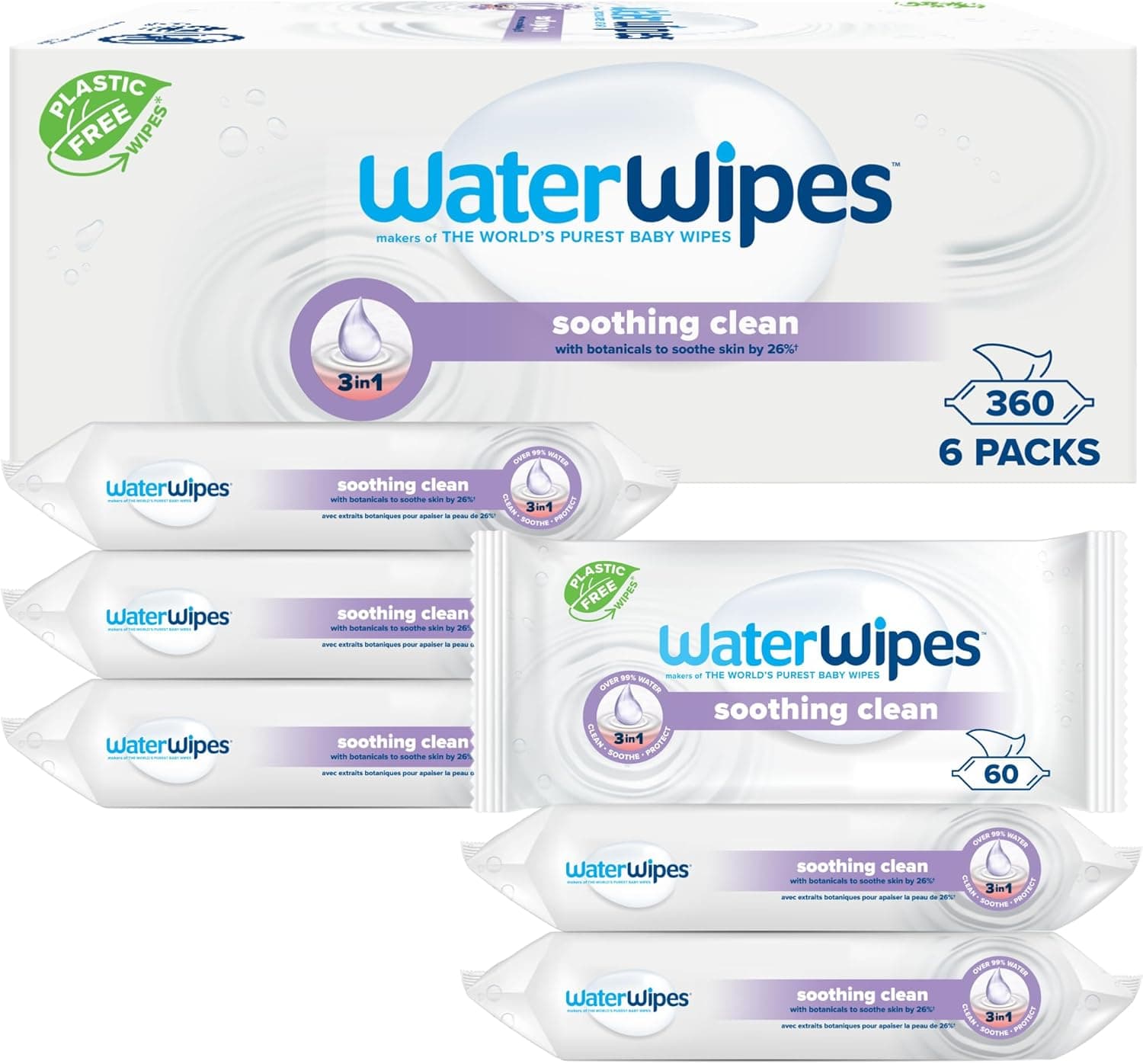 WaterWipes Limpeza calmante toalhas para bebé, 360 toalhetes (6 pacotes), com 99% de água e extratos botânicos, toalhetes húmidos para rosto e corpo