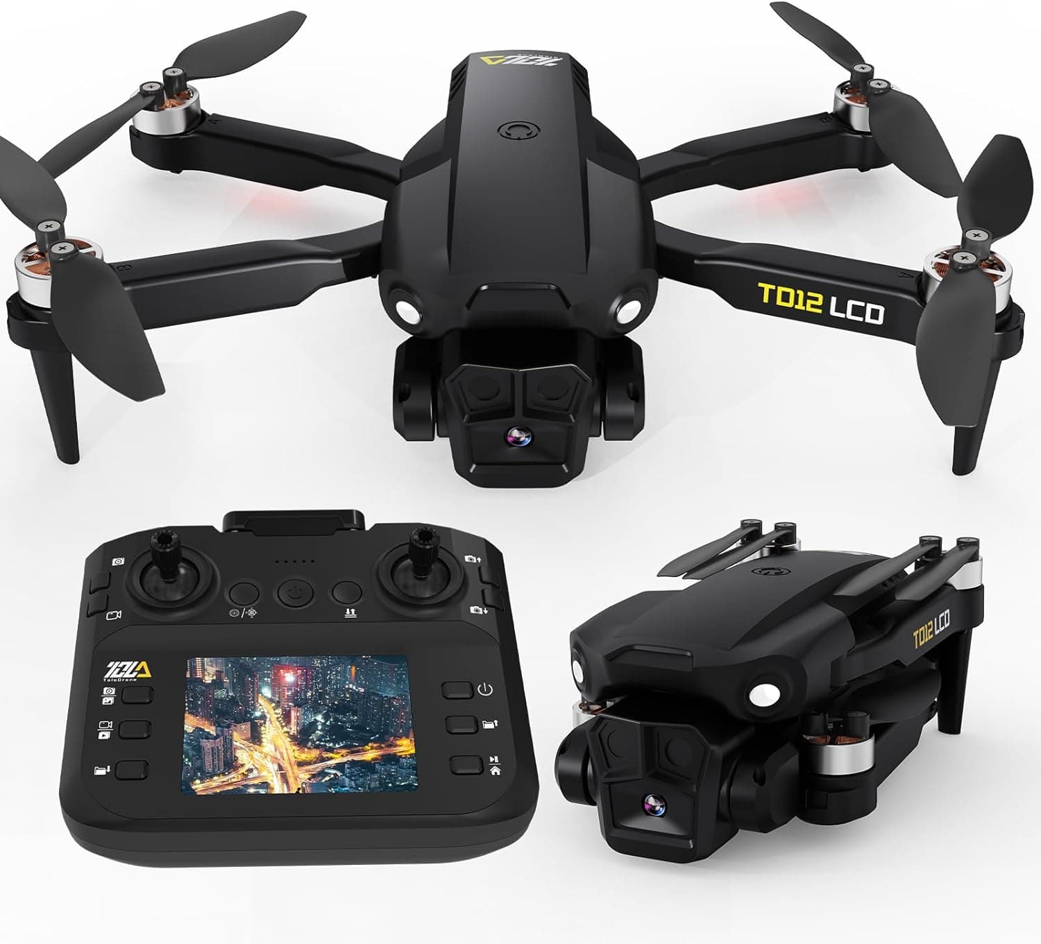 Toladrone Drone com câmara drone com ecrã LCD controlo remoto motor sem escovas posicionamento ótico de fluxo drones com câmara para iniciantes RC Quadcopter dobrável TD12LCD