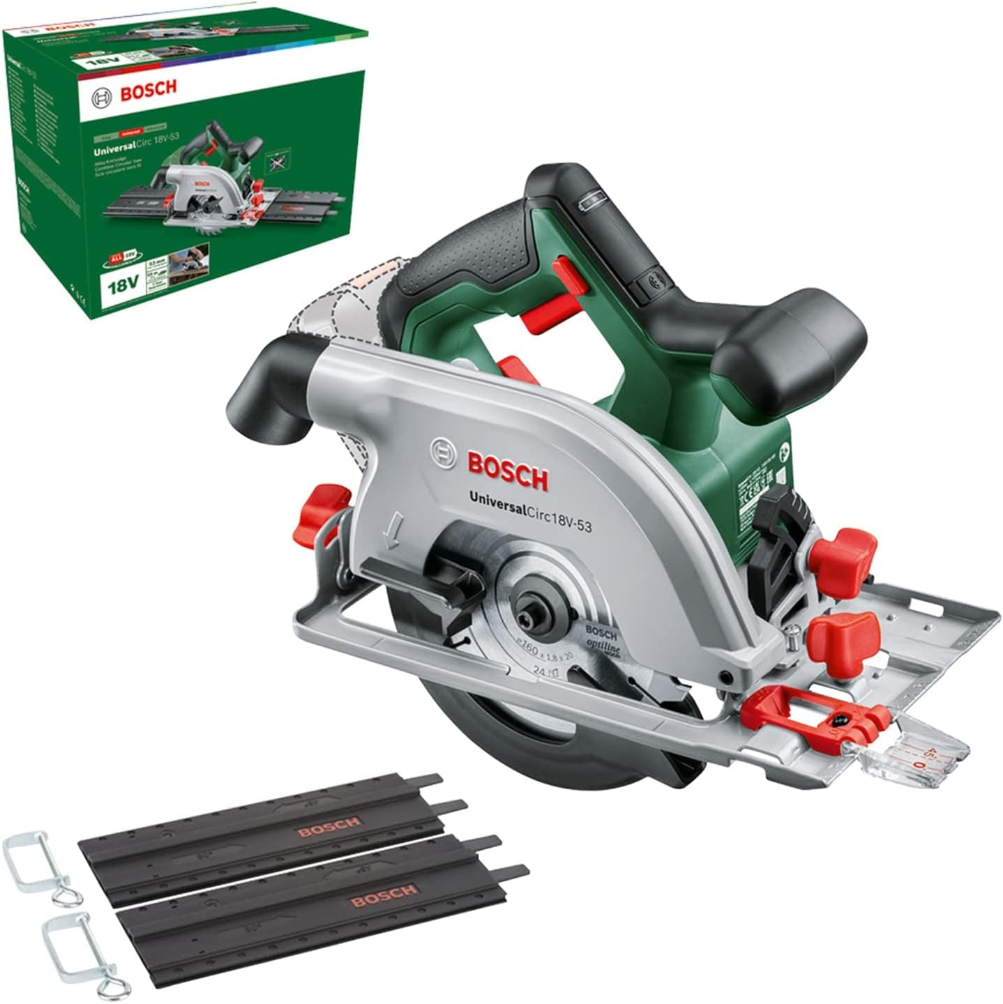 Bosch serra circular a bateria UniversalCirc 18V-53 (para serrar com precisão madeira; profundidade máx. Corte: 53 mm; conjunto de guias de duas peças; sistema 18 V; não inclui bateria) – edição da