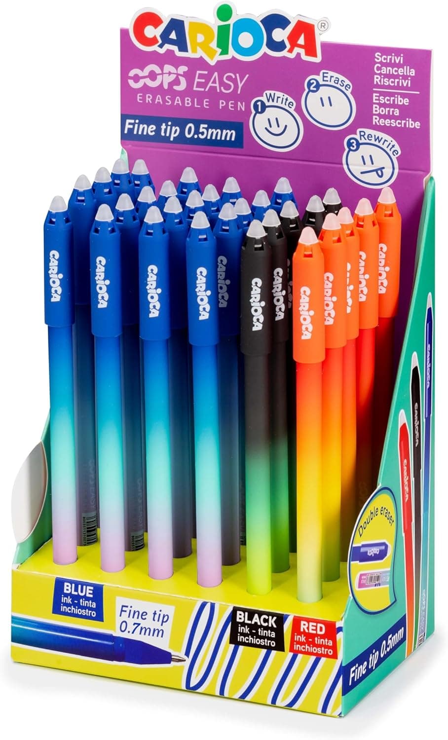 Carioca Canetas apagáveis Oops Easy cores primárias, ecrã de 30 canetas apagáveis com tinta térmica | aspeto cores degradadas, ponta Ø 0,7 mm, 30 peças