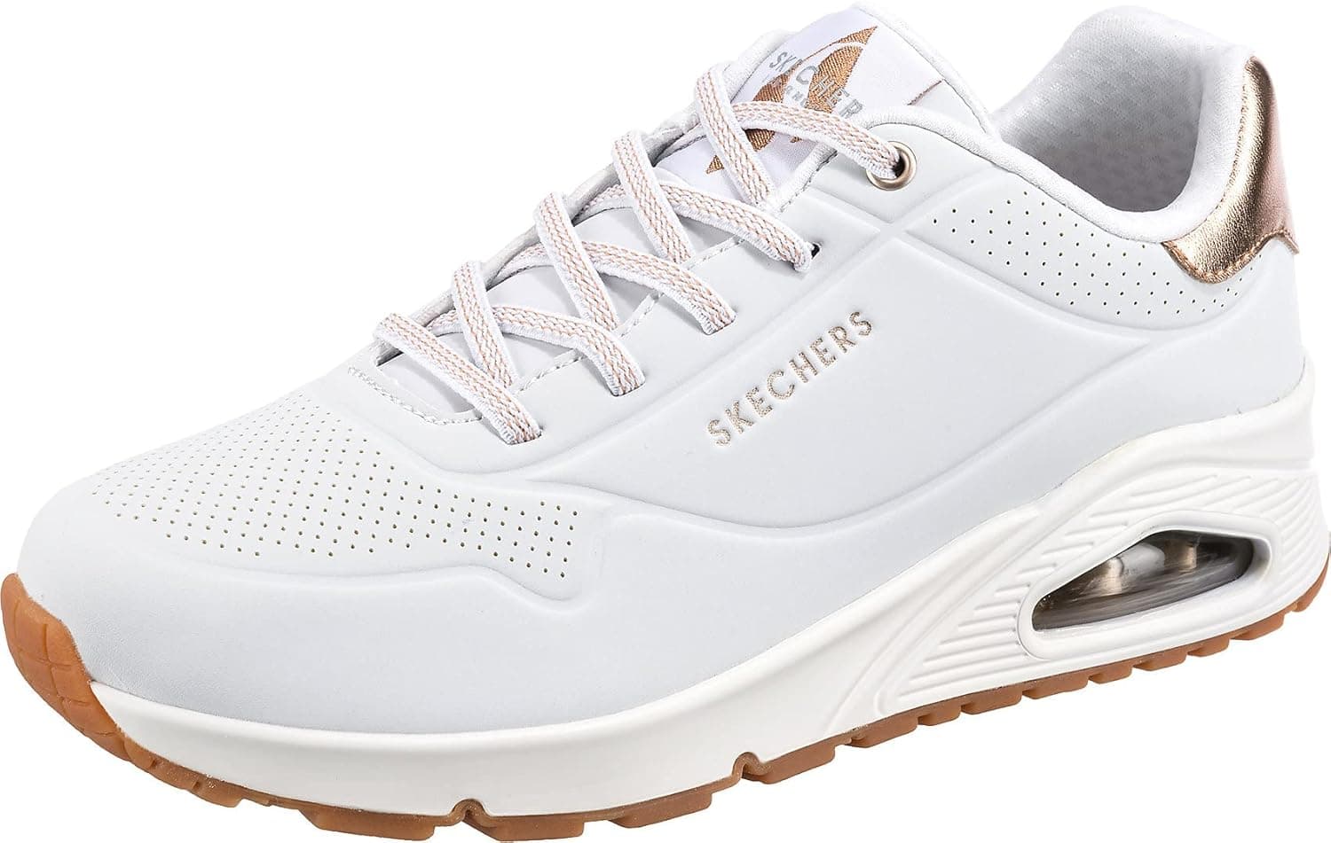 Skechers Uno - Shimmer Away, Ténis para Mulher. Branco Durabuck com Detalhes em Dourado Rosa Duraleather