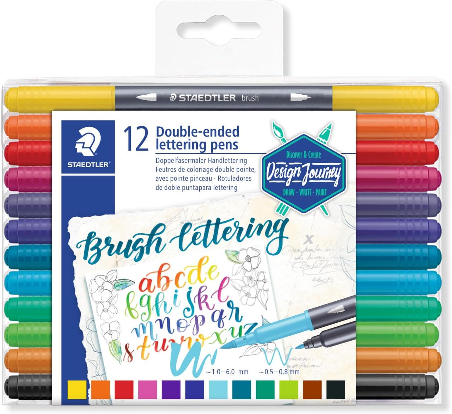 STAEDTLER Design Journey 3004 TB12. Marcadores para caligrafia de ponta dupla. Caixa com 12 marcadores de cores variadas.