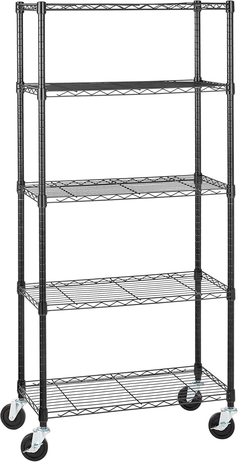 Amazon Basics Unidade de armazenamento média de 5 prateleiras com rodas de 4 polegadas com prateleiras ajustáveis em altura e pés niveladores, peso máximo de 680 kg, preto, 76,2 x 35,6 x 164,5 cm