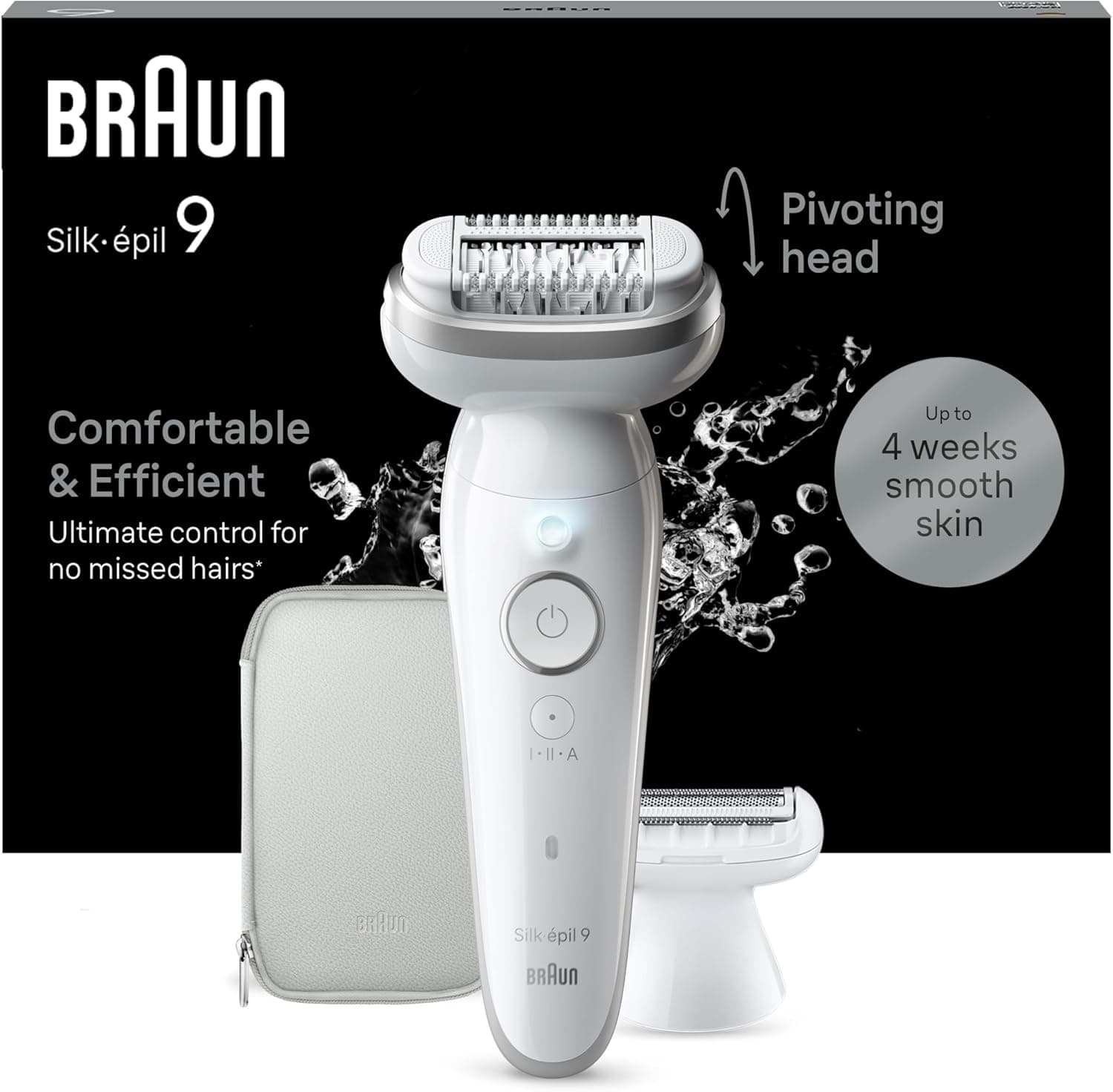 Braun Silk-épil 9, Depiladora elétrica mulher para uma remoção fácil do pêlo, remoção a seco e molhado, com cabeça de barbeadora, pele macia e duradoura, 9-041, branca / prateada