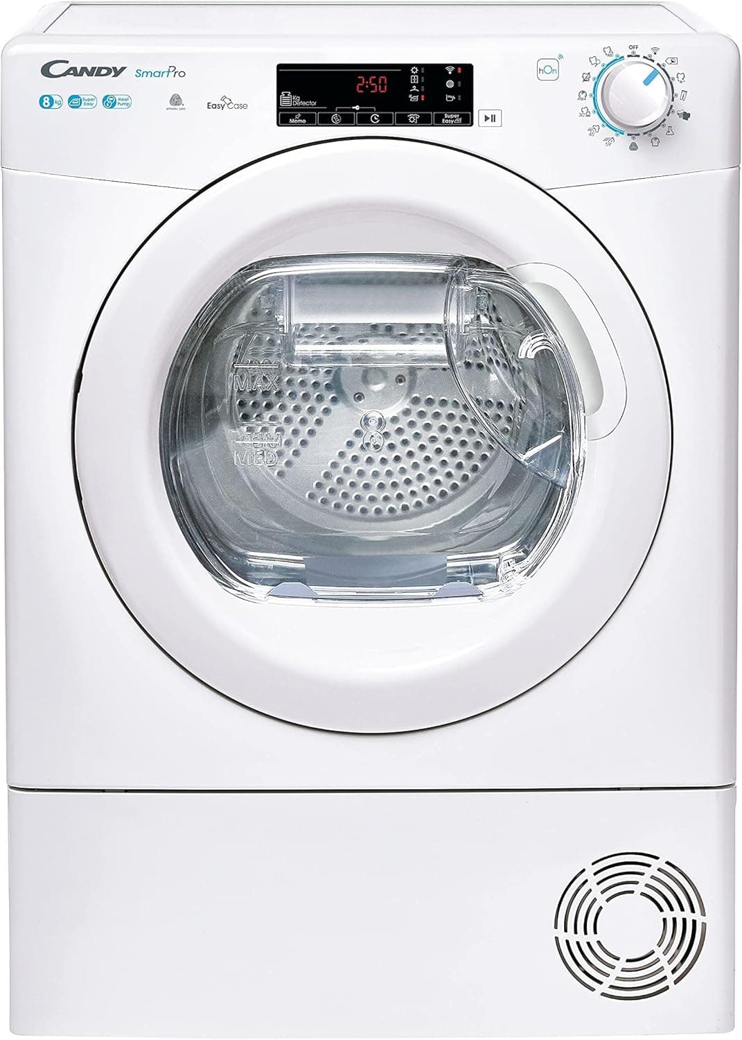 Candy Smart Pro CSOE H8A2TE S, secador de densação, 8 kg, bomba de calor, ecrã Smart Text, WiFi, App hOn, 7 ciclos curtos, gaveta de condensação 5 L, passar a ferro fácil, início 24 H, 67DB, branco