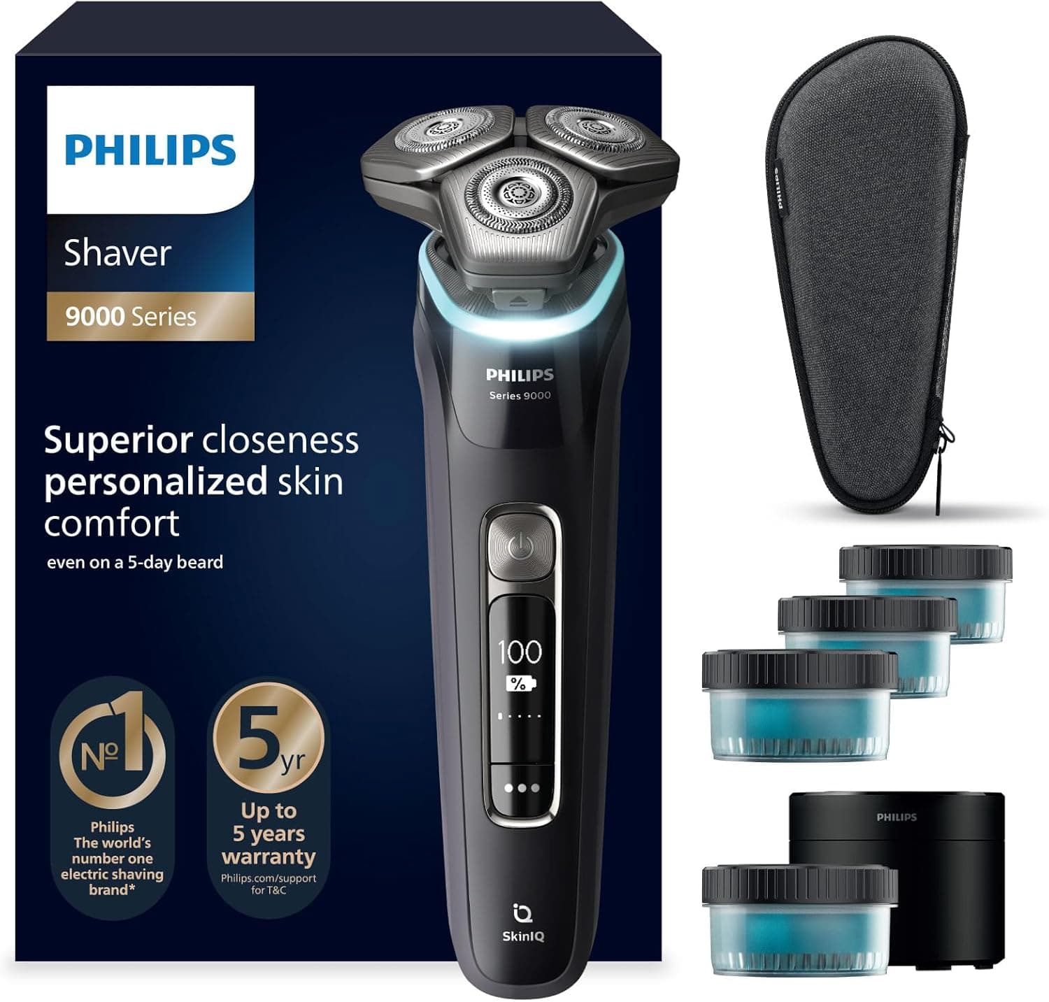 Philips Série 9000 máquina de barbear elétrica para homem, máquina de barbear com aparador, 60 min de uso, seco e húmido, recarregável, centro de limpeza, base de carregamento, 4 cartuchos S9976/63