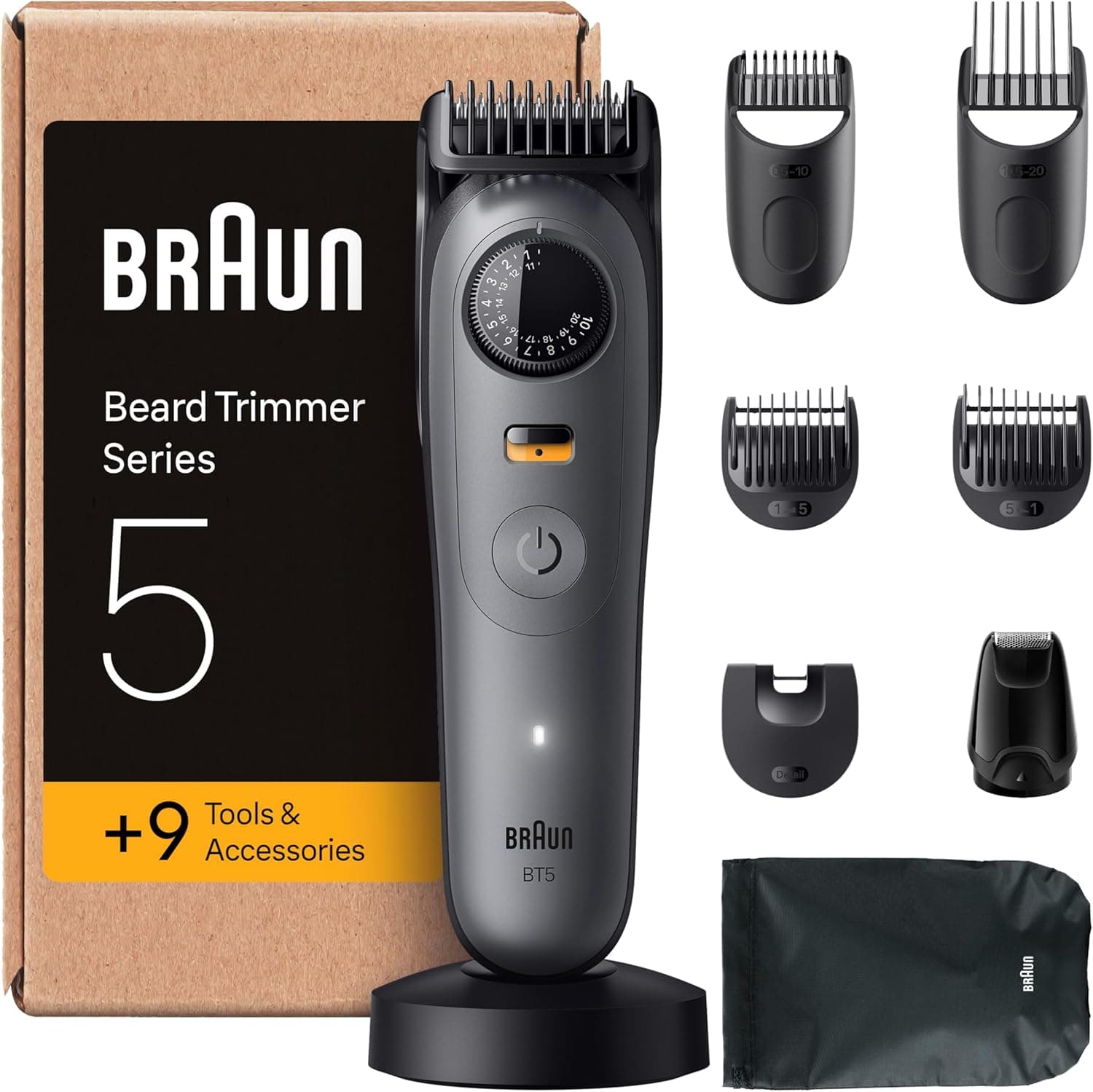 Braun Aparador de barba série 5 BT5565, barbeiro recarregável resistente à água, 9 acessórios de barbear, 120 min de automonomia, 40 comprimentos, lâmina ultra afiada, cinzento