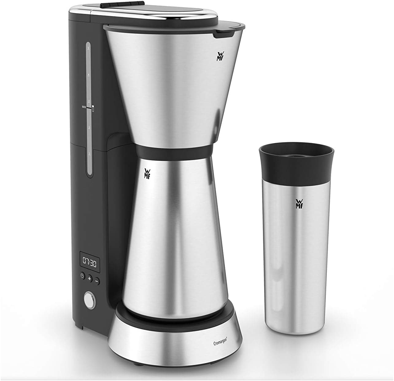 WMF Kitchenminis Cafeteira de Gotejamento com Garrafa Térmica, para até 5 Chávenas, Copo Térmico de 350 ml, Programa Anticalcário, Indicador de Água e Display Digital