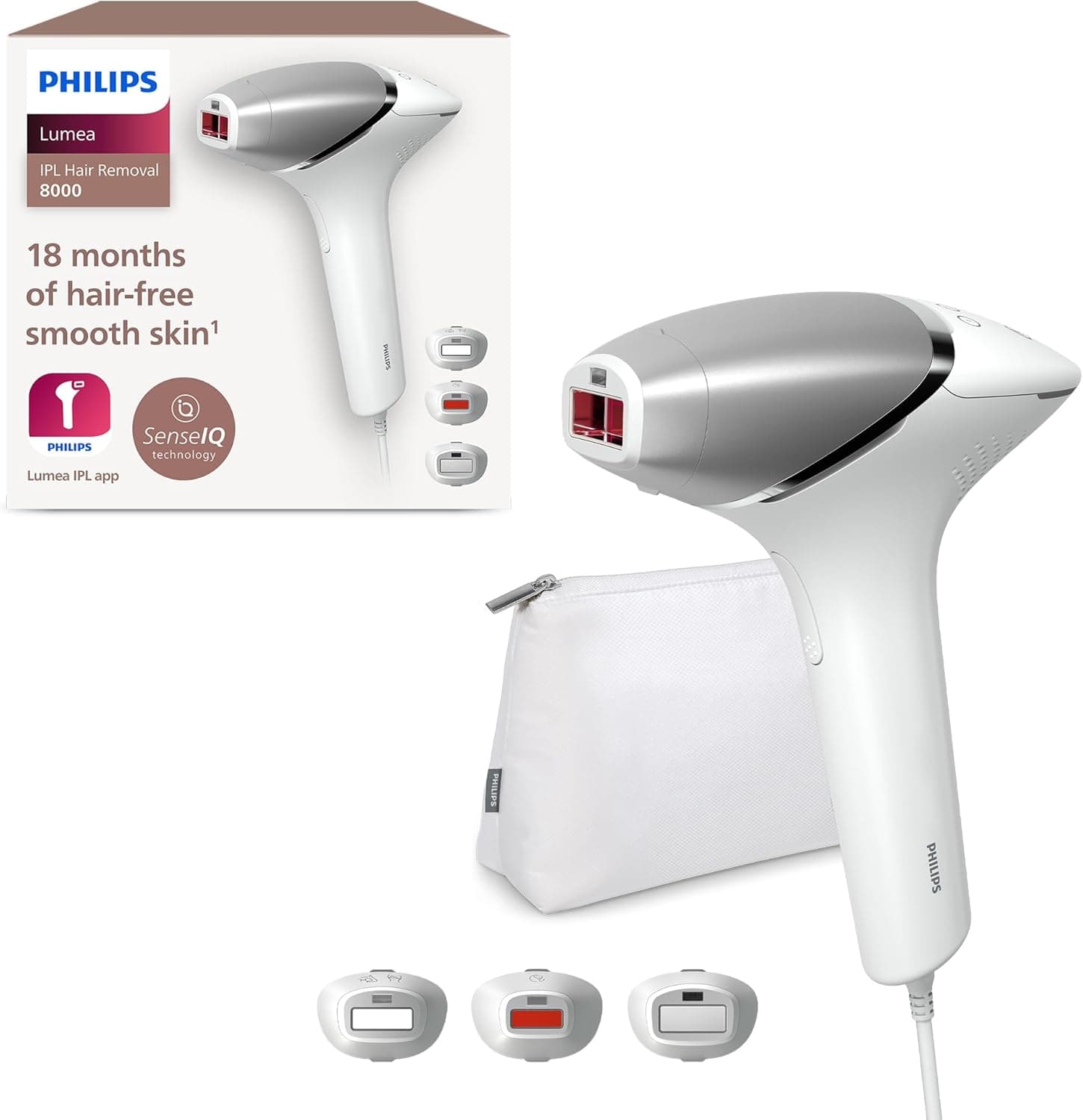 Philips Lumea série 8000, dispositivo de depilação IPL, alternativa ao laser, SenseIQ, 3 acessórios para corpo, rosto e zonas de precisão, BRI946/00