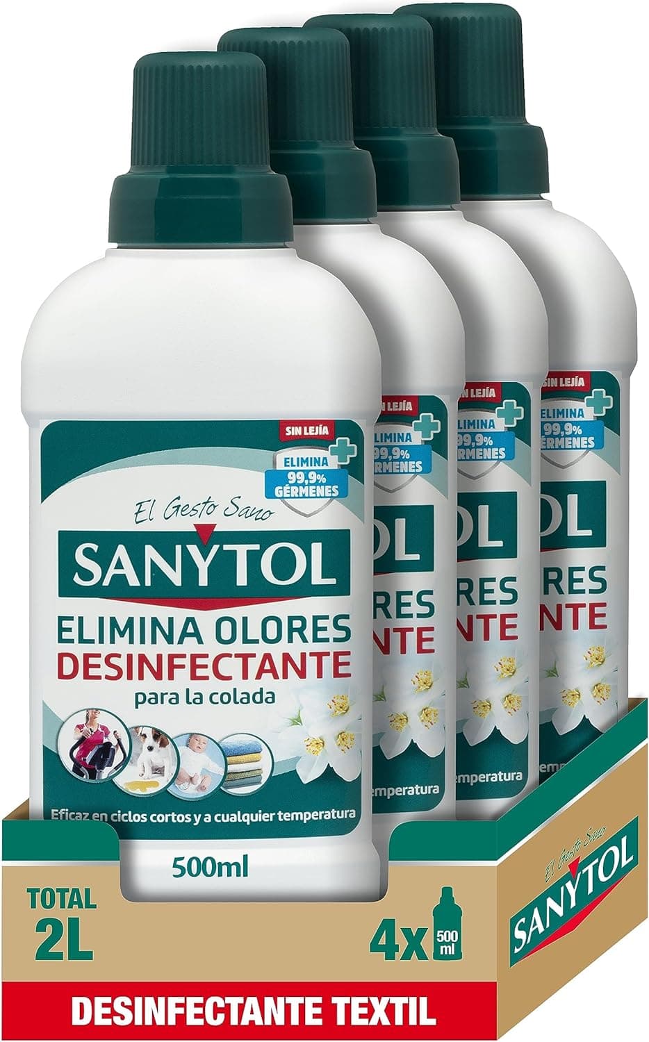 Sanytol Desinfetante têxtil, elimina germes e maus odores da roupa sem lixívia, embalagem de 4 x 500 ml = 2 L