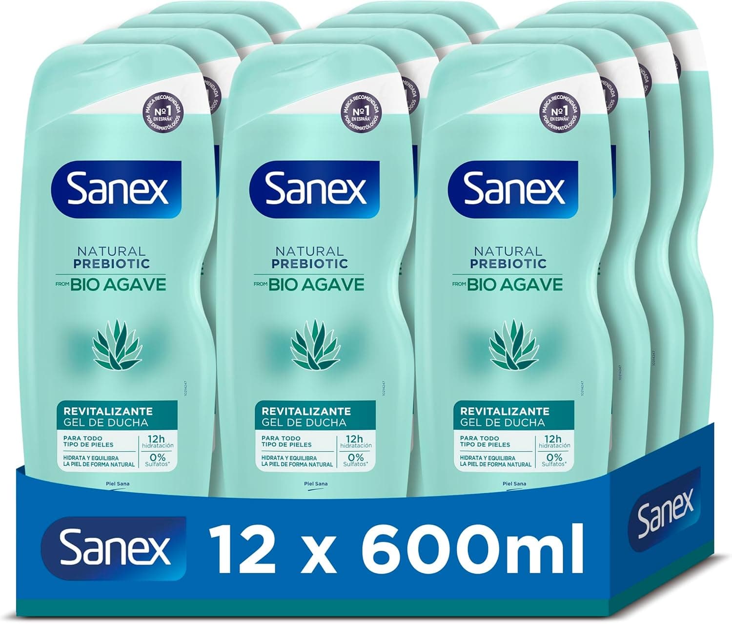 Sanex Natural Prebiotic BIO Agave Revitalizante gel de duche, pack de 12 unidades x 600 ml, gel de banho com prebiótico natural da bio Agave, hidratação 12 H, 92% de origem natural  , sem sulfatos