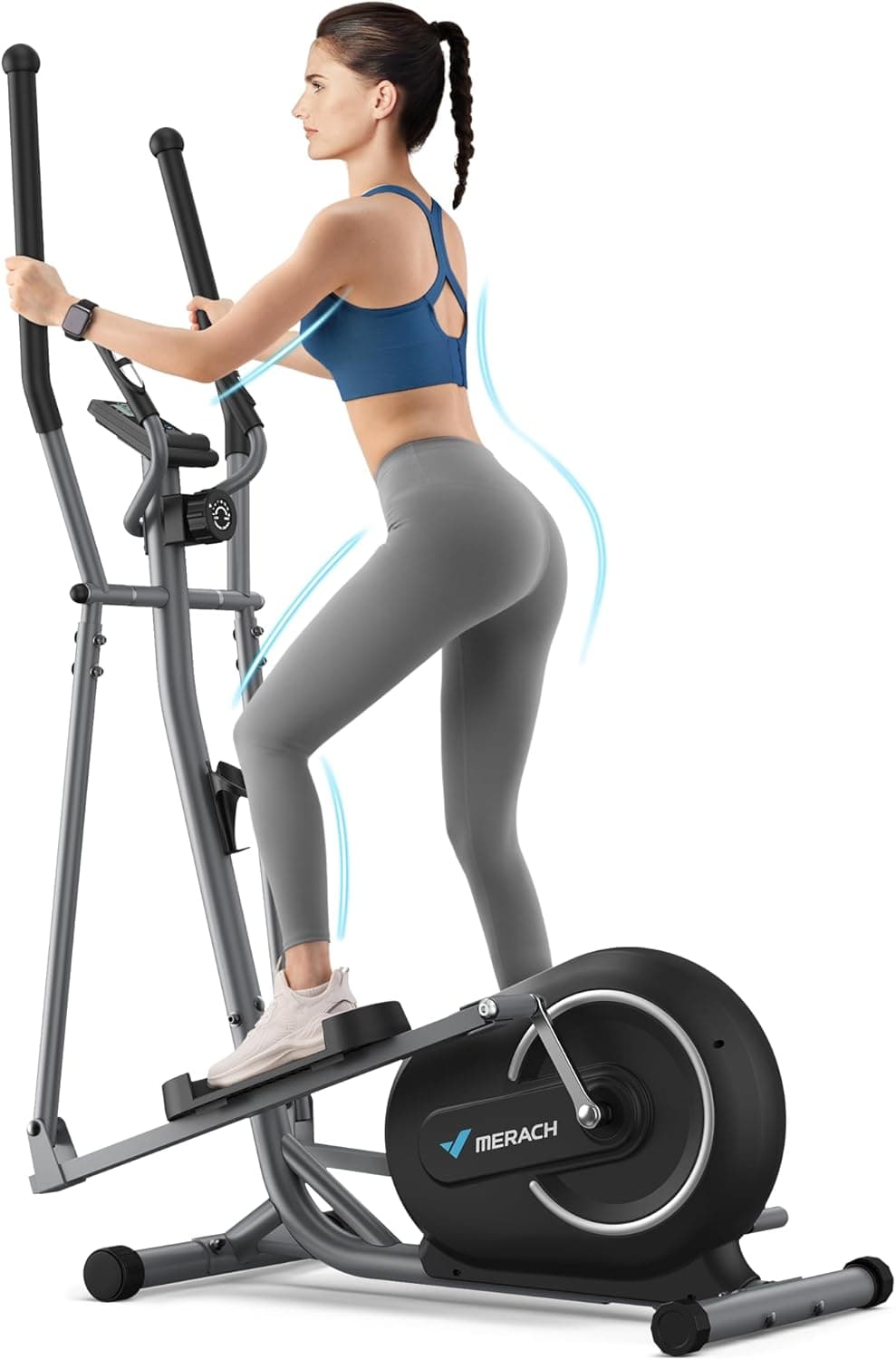 MERACH Bicicleta elíptica doméstica, ultra silenciosa elíptica com resistência magnética de 16 níveis, ecrã LCD, sensor de pulso, aplicação exclusiva da MERACH, capacidade de carga de 120 kg