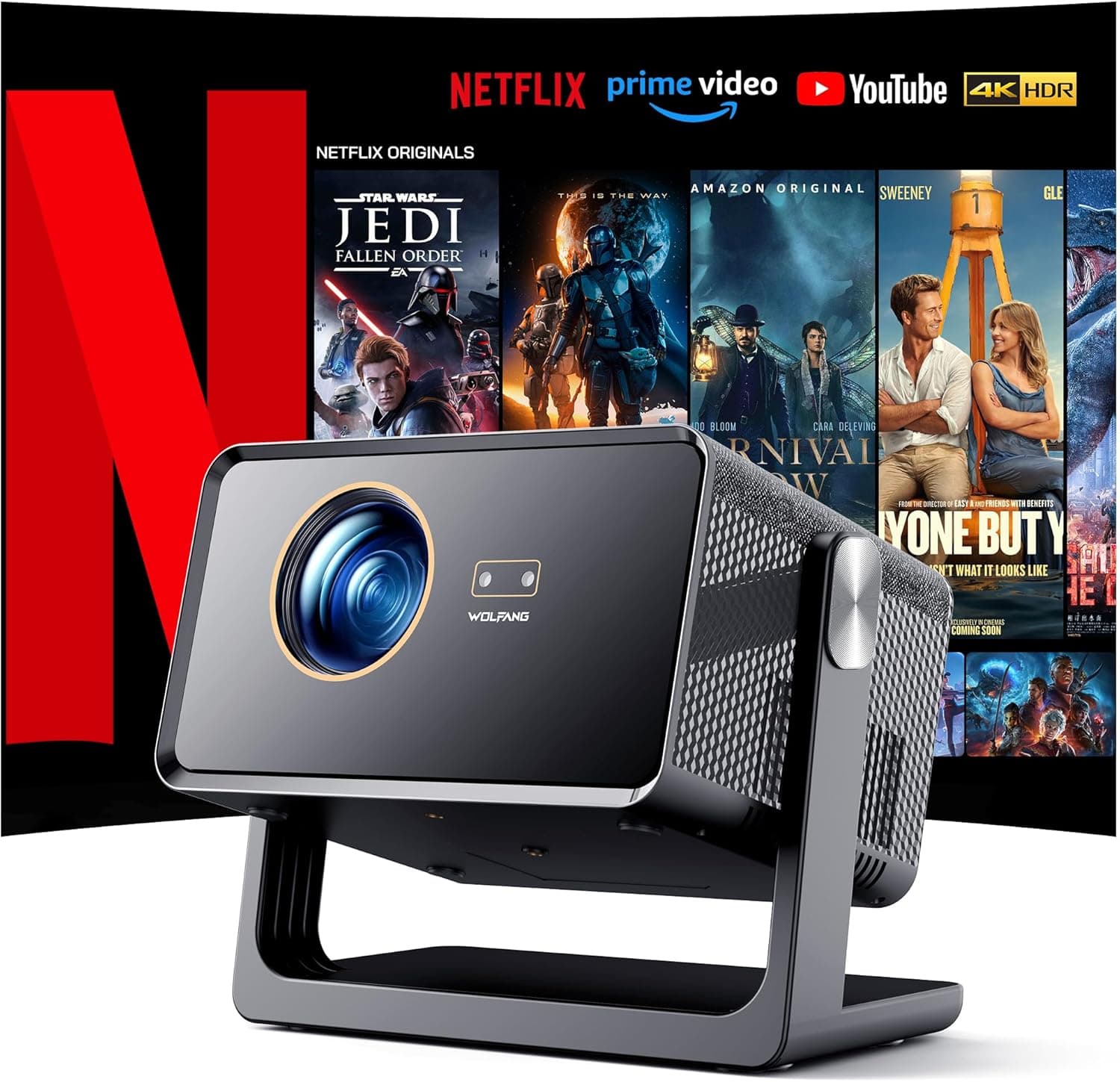 WOLFANG Projetor portátil de 28000 lúmenes 【Netflix oficial e autofocus/chave: mini projetor 4K com Bluetooth 5.2 e WiFi 6, projetor inteligente com suporte de 180° para ecrã de 300"