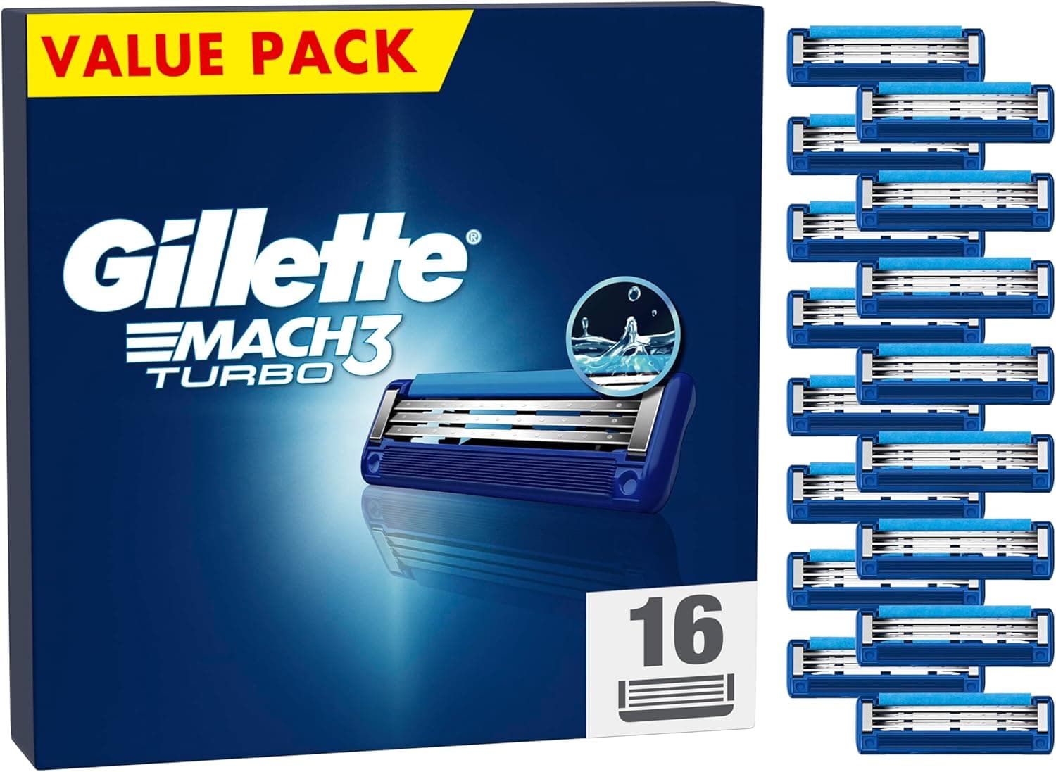 Gillette Mach3 Turbo peças sobresselentes de lâminas de barbear para homem, 3 lâminas, 16 peças sobressalentes de lâminas
