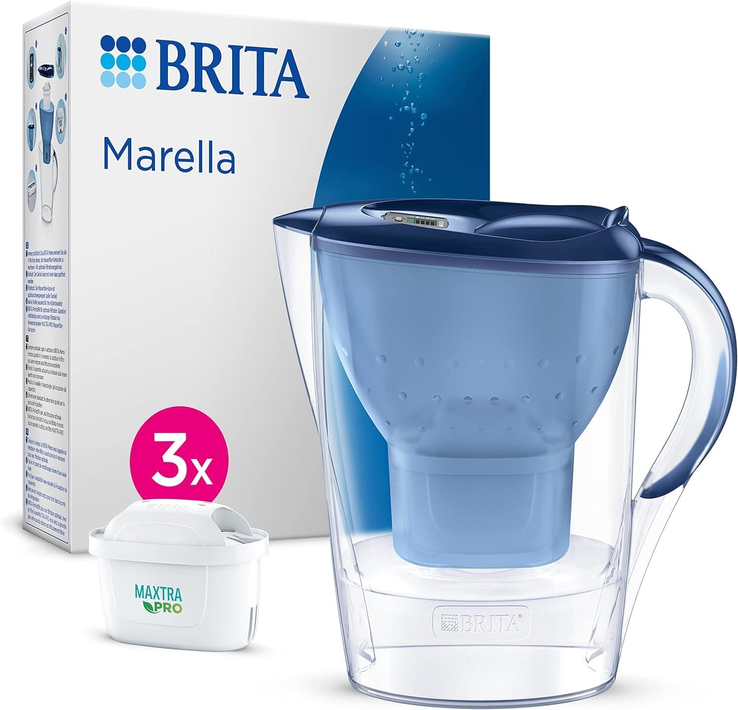 BRITA Marella | Jarra filtrante 2,4 L azul com tampa flip, indicador digital e 3 cartuchos MAXTRA PRO