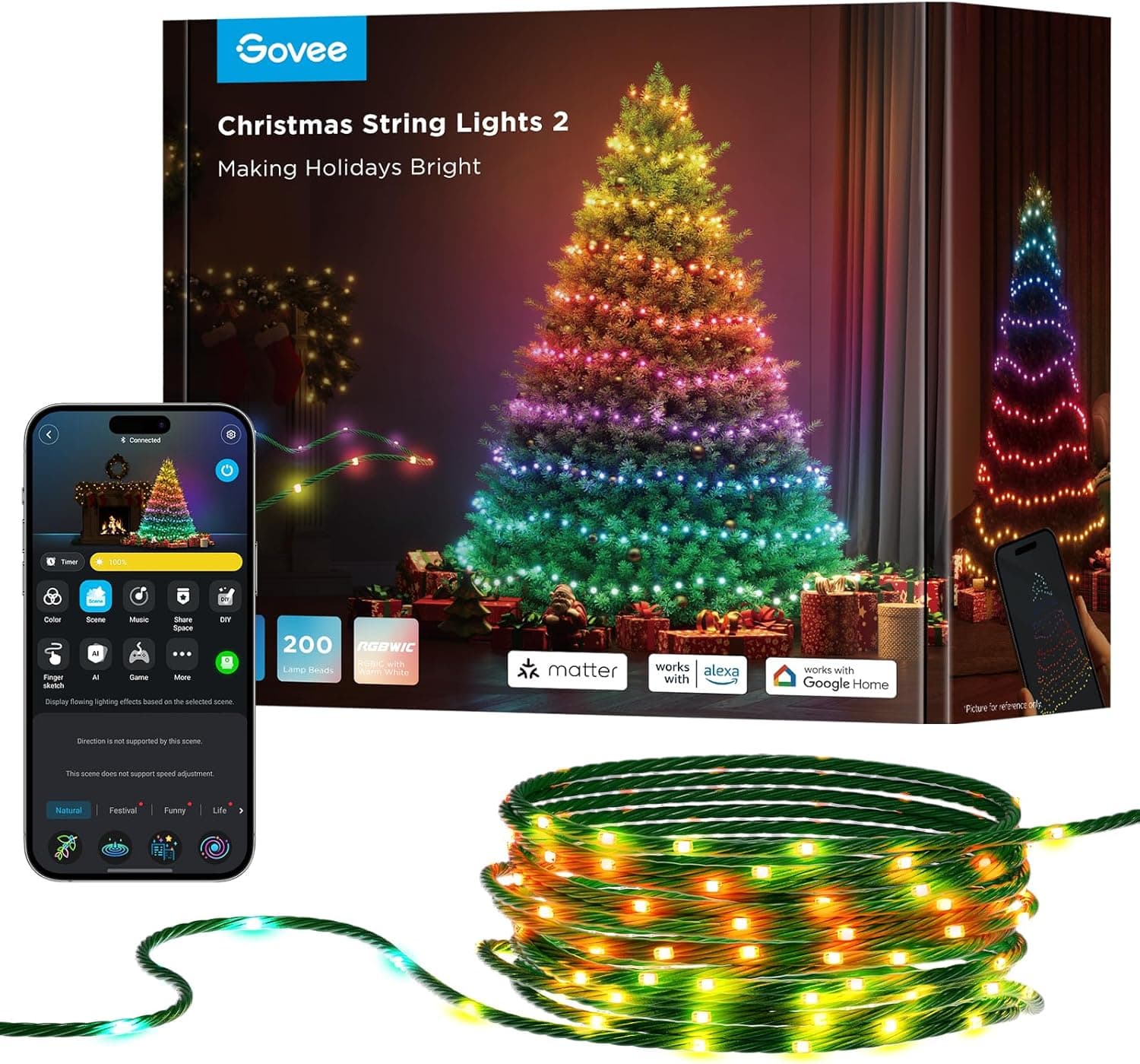 Govee RGBWIC Luzes de Natal para árvore, decoração interior exterior de Halloween, 300 LEDs luzes com tecnologia Smart Mapping, 130 modos de cenário dinâmico, cabo verdes