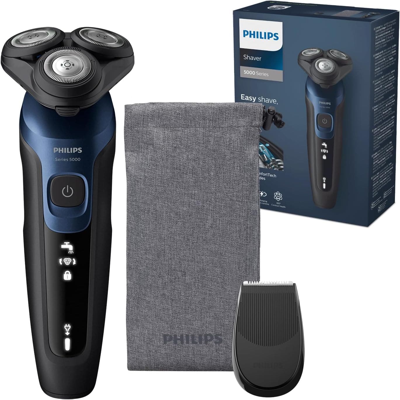 Philips Série 5000 máquina de barbear elétrica para homem, máquina de barbear com aparador, 27 lâminas, cabeça flexível de 360º, 50 min de uso, seco e húmido, recarregável, capa, S5465/18, azul metal