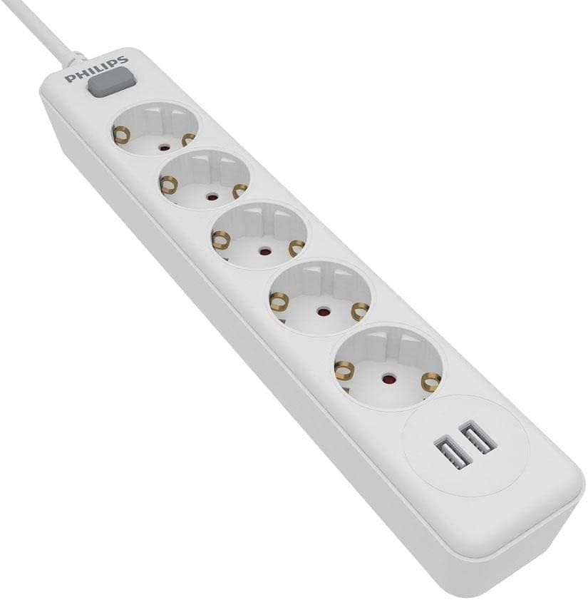 Philips SPN3052WA/10 Extensão de 5 tomadas Schuko, tomada múltipla, 2 portas USB, padrão de extensão, proteção infantil contra picos de tensão, interruptor ligado/desligado, cabo de 1,5 metros - cor