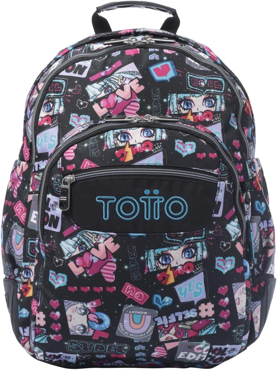 TOTTO - Mochila escolar grande, modelo rayol, capacidade de 19 l, 3 compartimentos, 2 bolsos garrafa, bolso para PC de 14", costas ergonómicas com fluxo de ar, correias em S, estampado misto, Preto