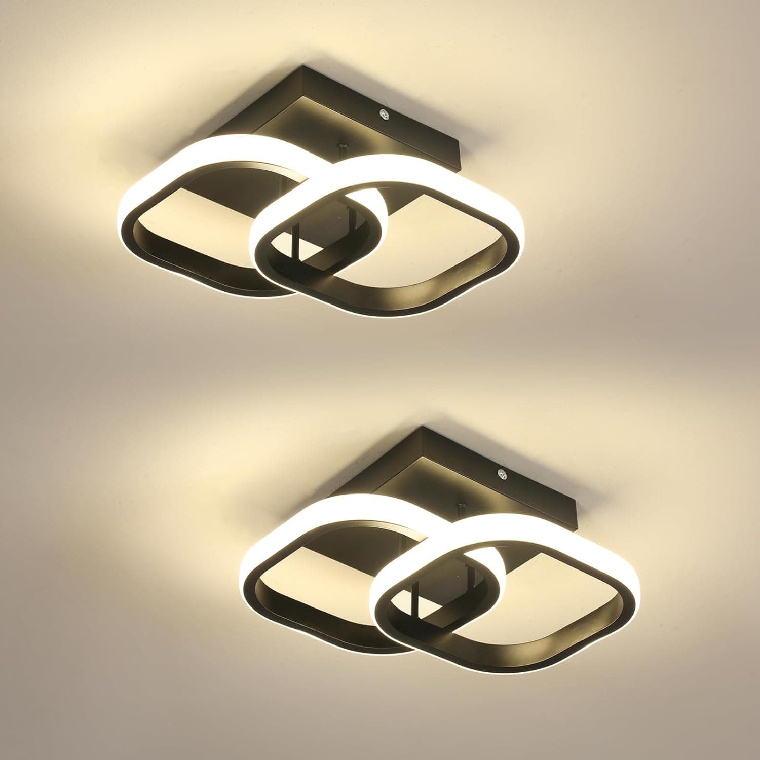 Comely 2 Pacotes LED de teto modernas, 24 W 2700 LM pequeno candeeiro de teto LED interior quadrado para quarto, corredor, varanda, luz natural 4500 K, preto, 24 cm