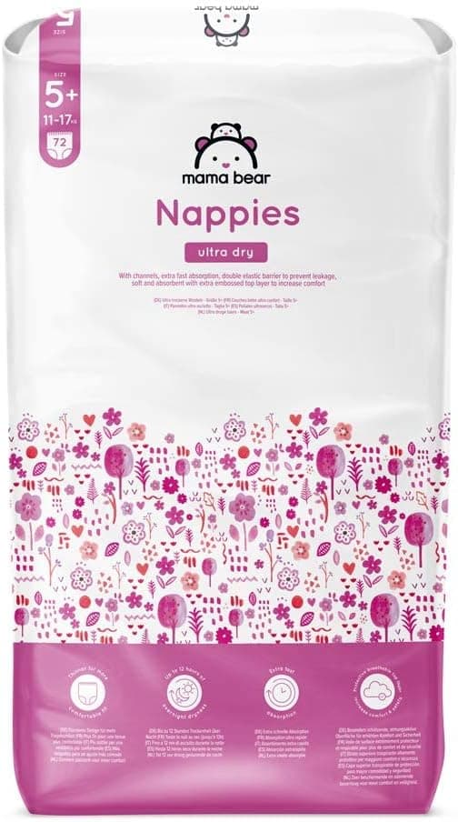 Marca Amazon - Mama Bear fraldas ultra-secas, tamanho 5 (11-17 kg), com canais, bianco, 72 unidades (1 embalagem de 72) - nova versão