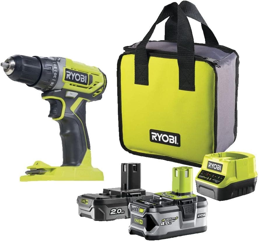 RYOBI Broca parafuso sem fios 18 V ONE+ com 2 baterias 2,0 Ah e 4,0 Ah, carregador e saco, potente e versátil