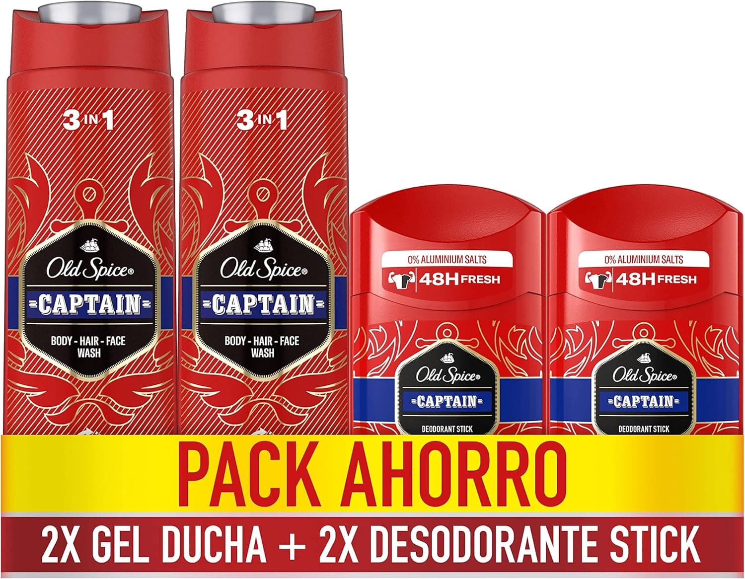 Old Spice Pack poupança Captain gel de banho e champô para homens, 3 em 1, 2 x 400 ml desodorizante barra, 2 x 50 ml