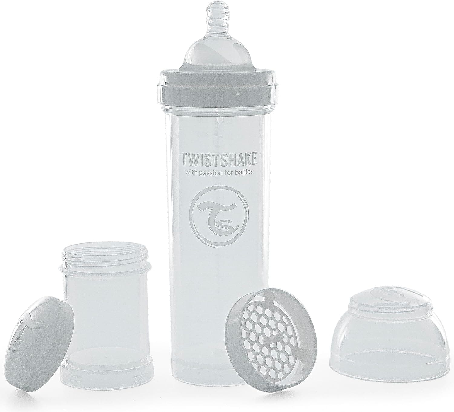 Twistshake Biberão anticólicas com recipiente para leite e misturador, 330 ml, silicone cetina, fluxo rápido, forma do peito, sem BPA, para bebés maiores de 4 meses, branco