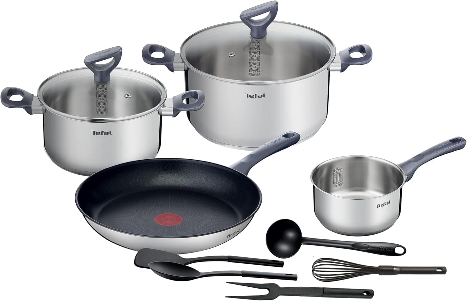 Tefal Daily Cook – Conjunto de panelas com frigideira de 28 cm, panelas de 20/24 cm e caçarola de 16 cm em aço inoxidável, tecnologia Thermospot, tampas de vidro, 5 acessórios de cozinha, adequado para todos os fogões e fornos