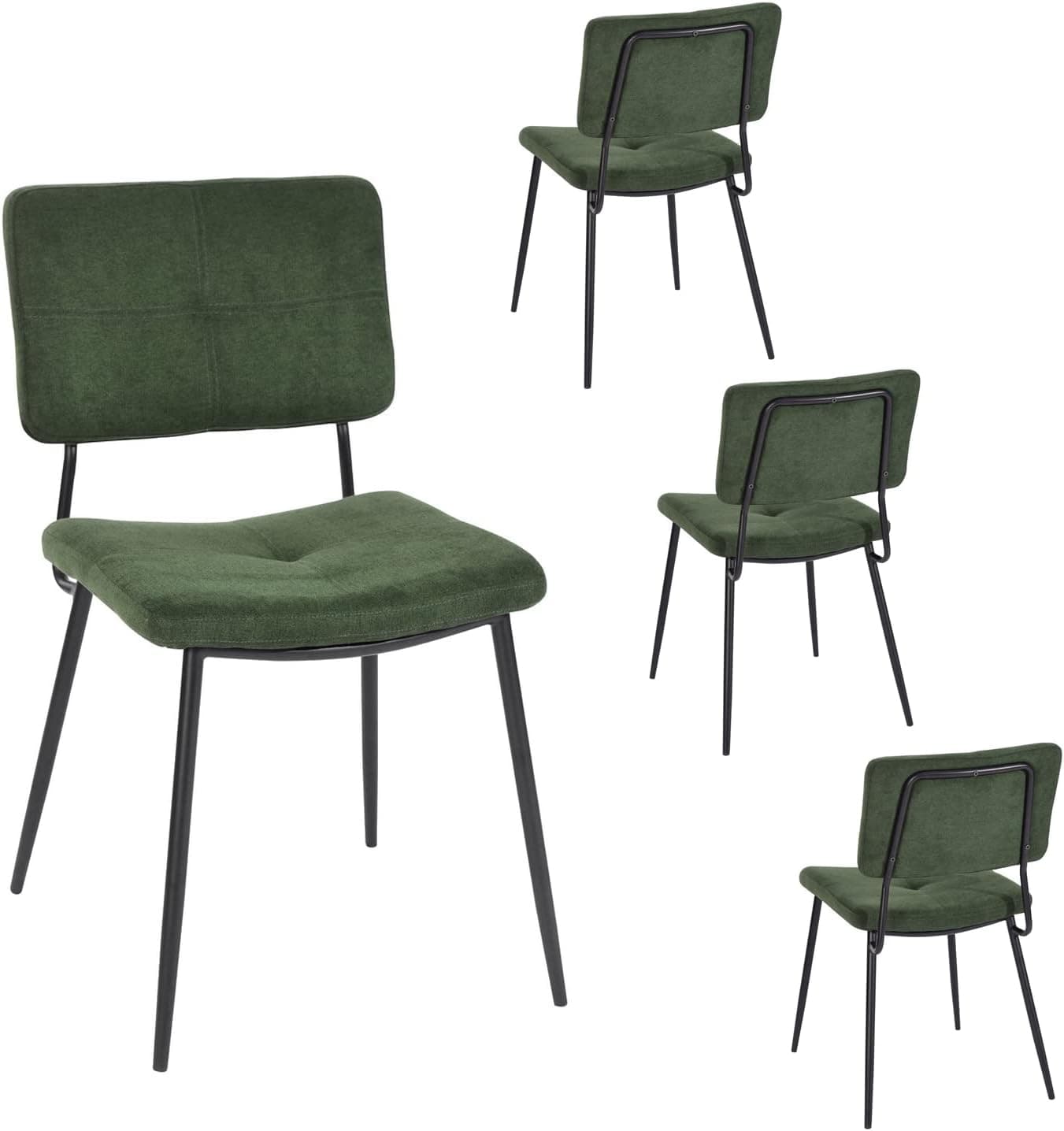 MEUBLE COSY | Conjunto de 4 cadeiras de jantar retro estofadas sem braços com pernas em metal, verde