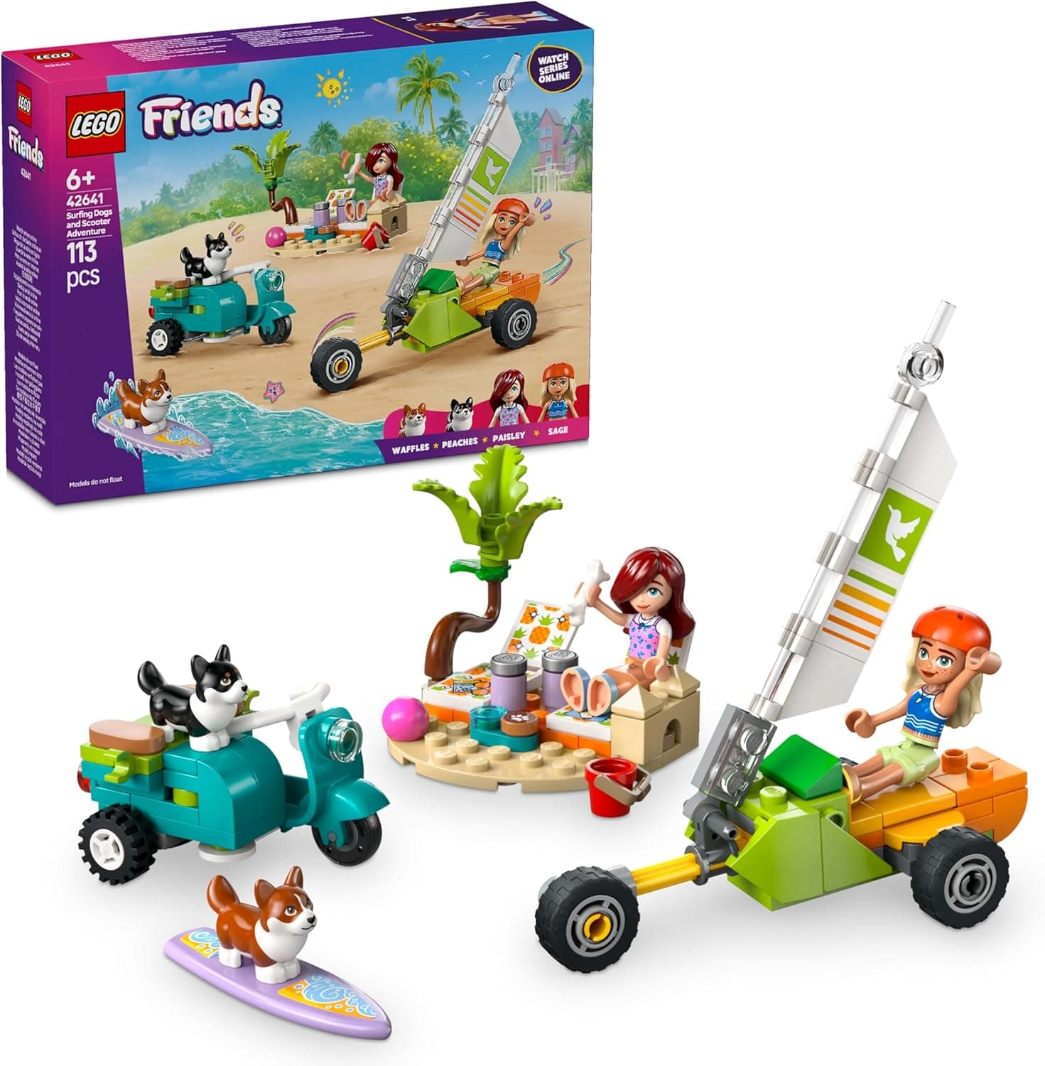 LEGO Friends animais de estimação surfistas e aventura sobre rodas, motocicleta, prancha de surf e 2 cães, conjunto de construção com praia e 2 mini bonecas, presente para meninas de 6 anos ou mais