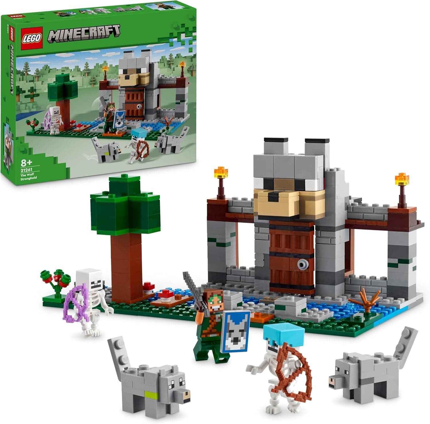 LEGO Minecraft Fortaleza-Lobo brinquedo castelo com minifiguras de esqueleto e explorador de videojogo, presente para crianças de 8 anos ou mais, jogo de aventura 21261