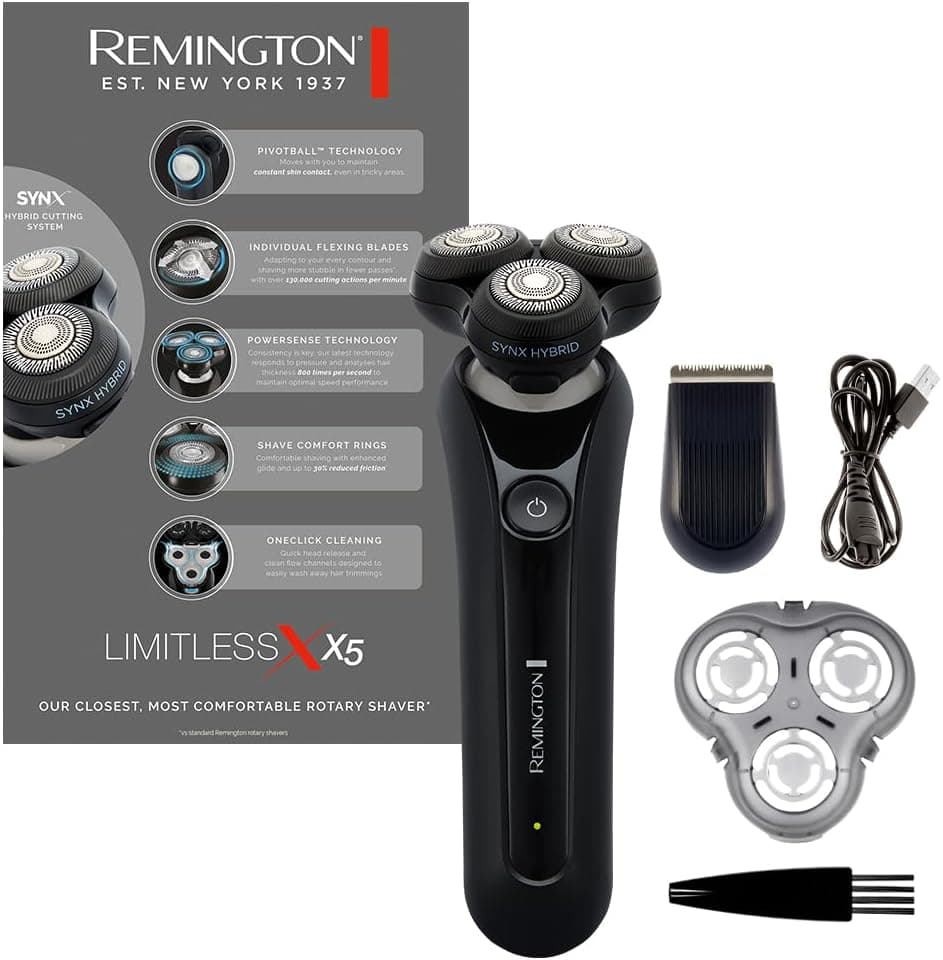 Remington XR1755 Máquina de barbear rotativa e lâminas 2 em 1 X5 Limitless X, sistema de corte híbrido SynX, sem fio, recarregável, uso a seco/molhado, aparador de precisão