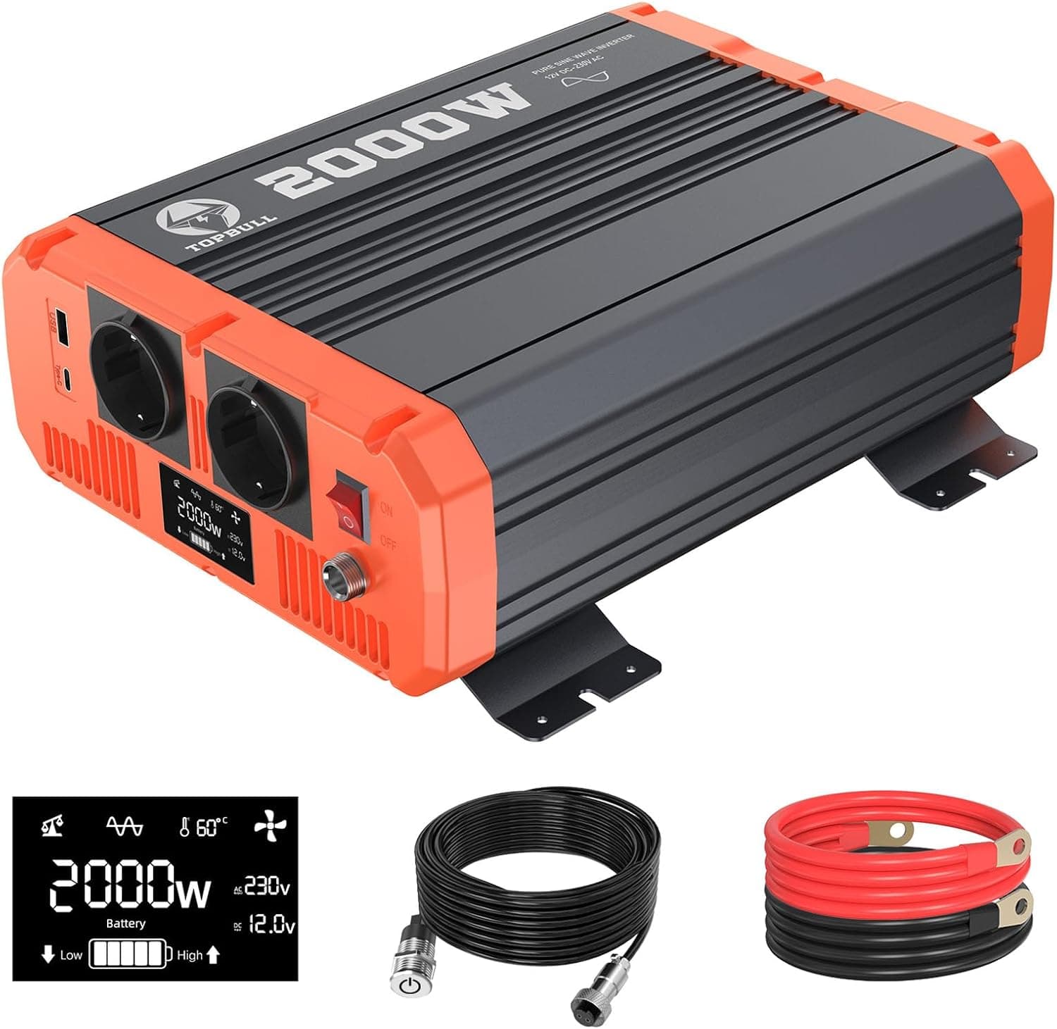 2000 W/4000 W Inversor 12 V 220 V - 230 V conversor de onda pura DC AC transformador de voltagem para carro camião e ecrã LED com 2 tomadas de corrente e saídas USB e tipo C de 3,4 A e controlo remoto