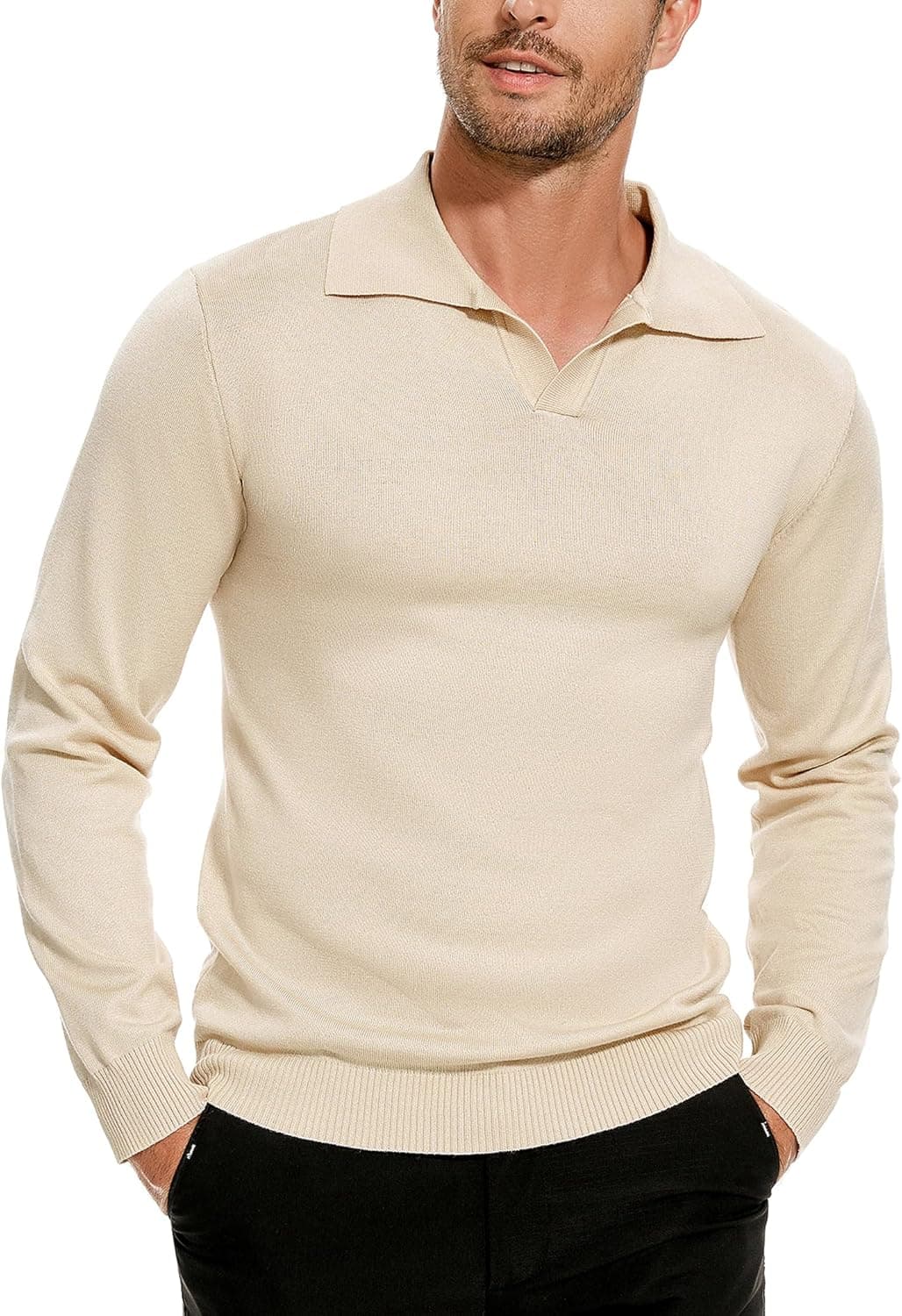 Gyabnw Jersey homem gola polo manga comprida camisola de malha negócios camisola casual básica de cor sólida de inverno