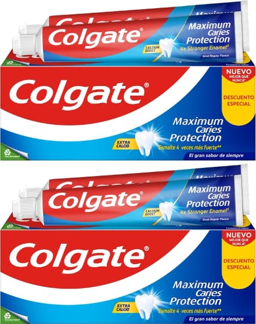 Colgate Maximum Caries Protection pasta de dentes com fluor, 2 unidades x 75 ml, dentífrico contra cáries, fórmula de cálcio penetrada entre os dentes, refresca o fôlego, sabor agradável à menta