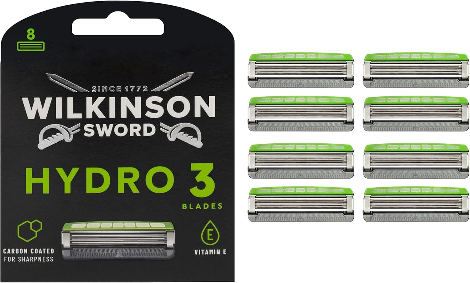 Wilkinson Sword Hydro 3 Skin Protection - 8 Recambios de 3 Hojas con Banda Lubricante Enriquecida con Aloe Vera, compatible para Cualquier Maquinilla Hydro