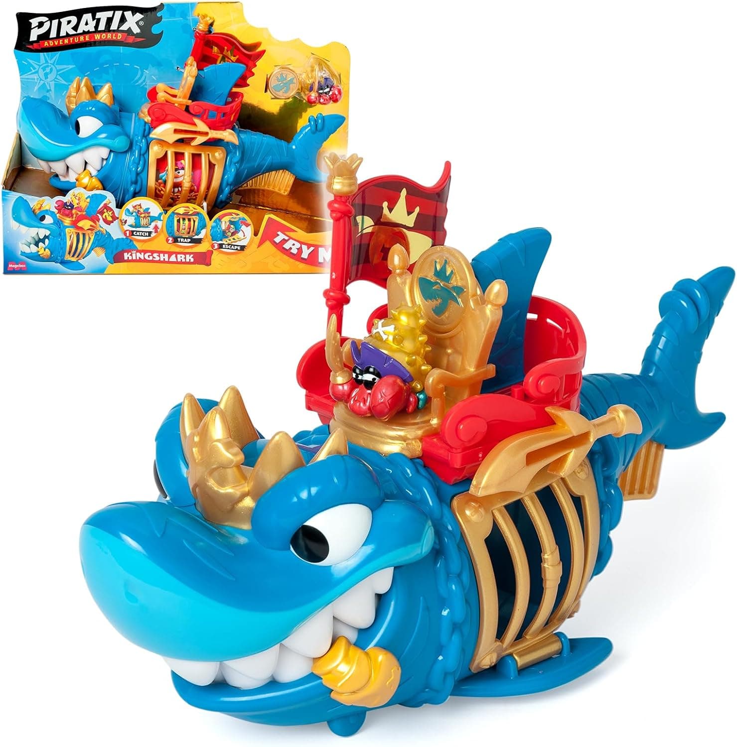 PIRATIX ADVENTURE WORLD King Shark - tubarão articulado, com uma gaiola para capturar os rivais Piratix. Inclui 1 tubarão, 1 tesouro exclusivo, 1 Piratix exclusivo e 1 acessório