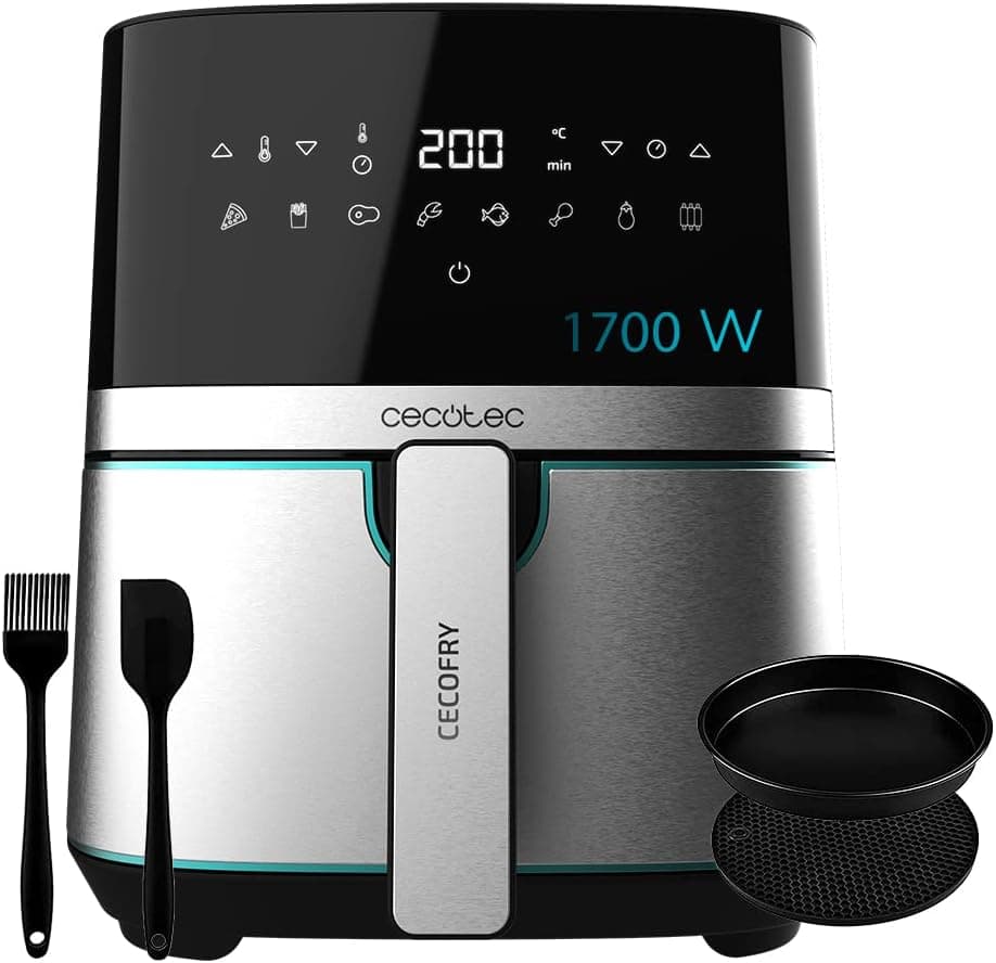 Cecotec Frigideira de ar sem óleo de 5,5 l, Air Fryer Cecofry Full Inox 5500 Pro, com acessórios. 1700 W, dietética e digital, tátil, acabamentos em aço inoxidável, 8 modos, pack de acessórios