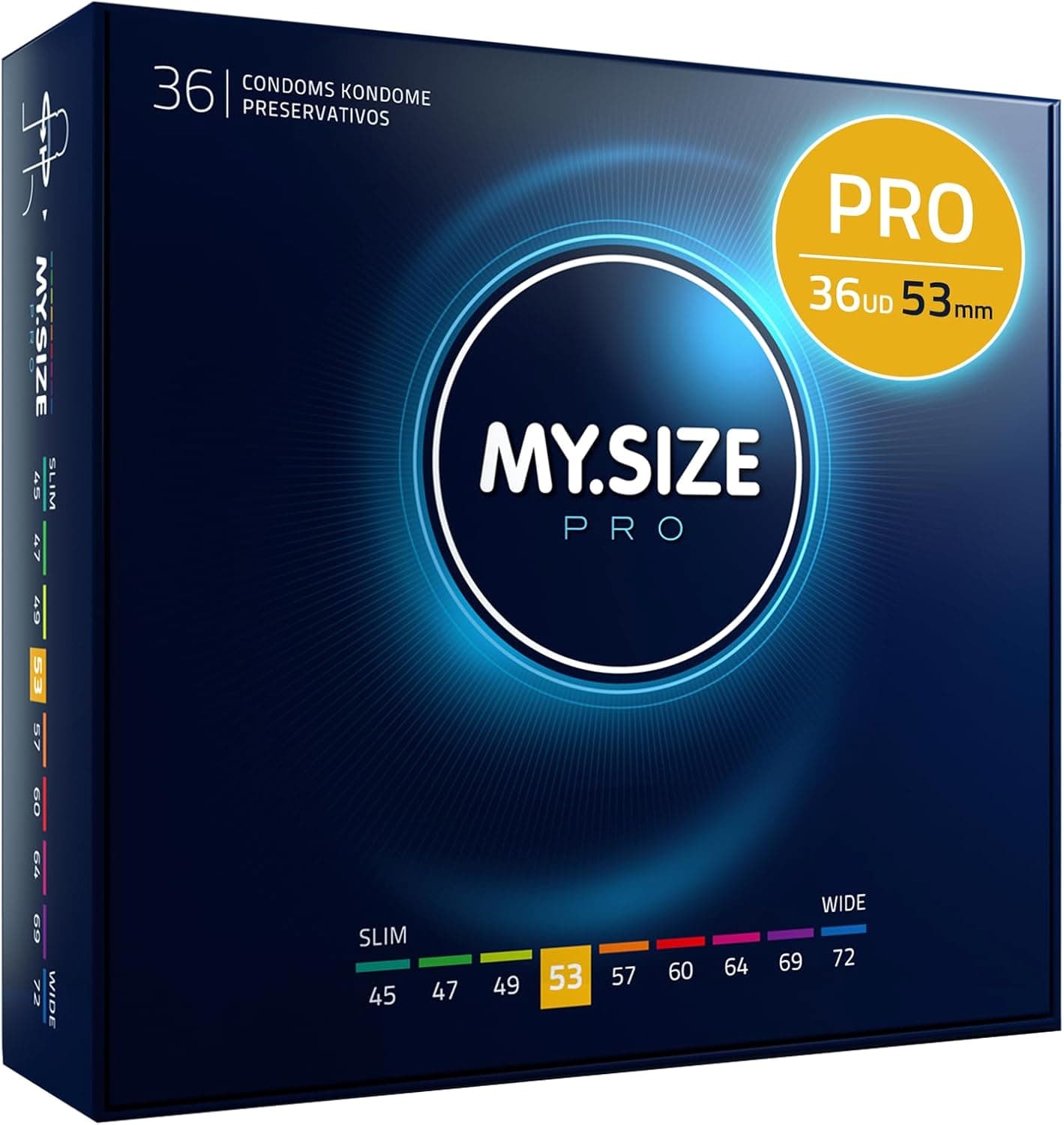MY.SIZE PRO Preservativos elegantes, tamanho 3, 53 mm, 36 peças - látex Vytex extra puro, fácil de abrir