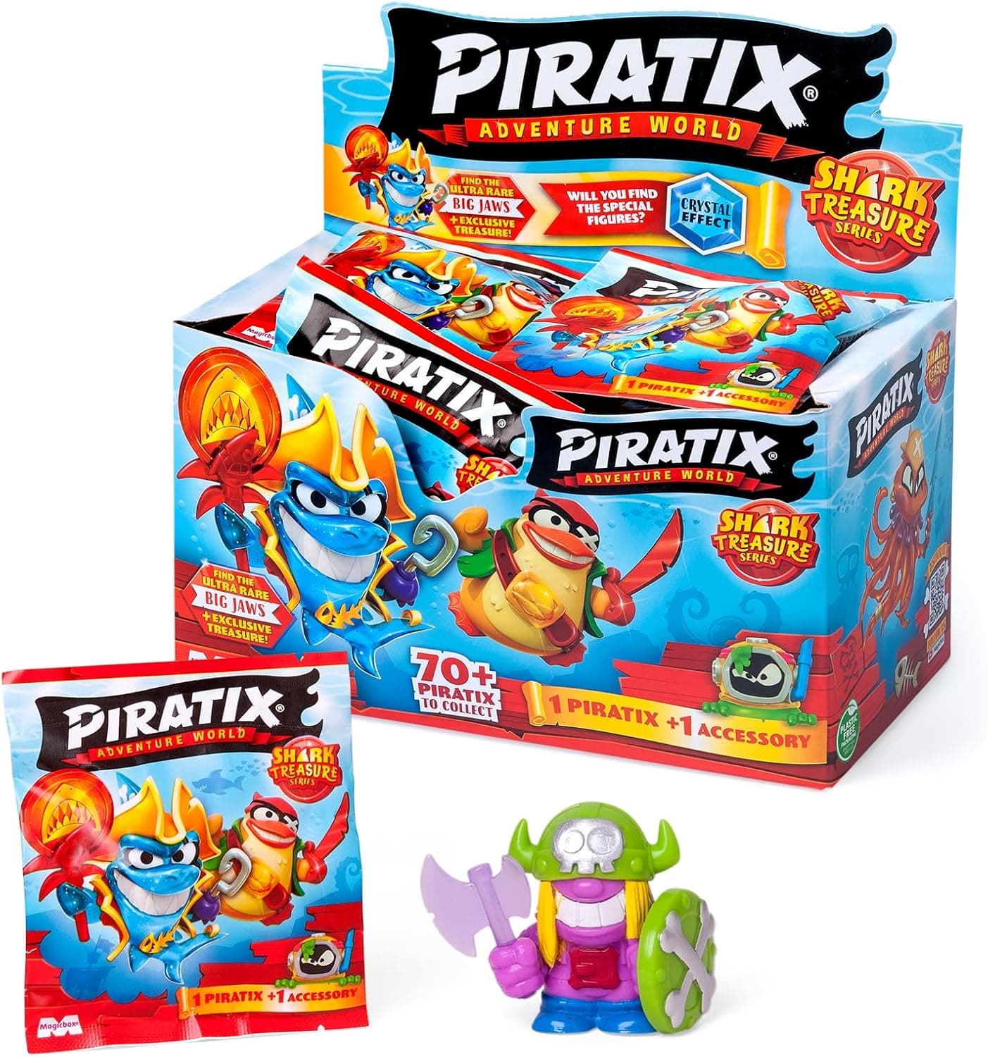 PIRATIX ADVENTURE WORLD Série Shark Treasure, caixa com 24 envelopes surpresa com figuras pirata colecionáveis da série Shark Treasure, cada envelope contém 1 pirátix surpresa