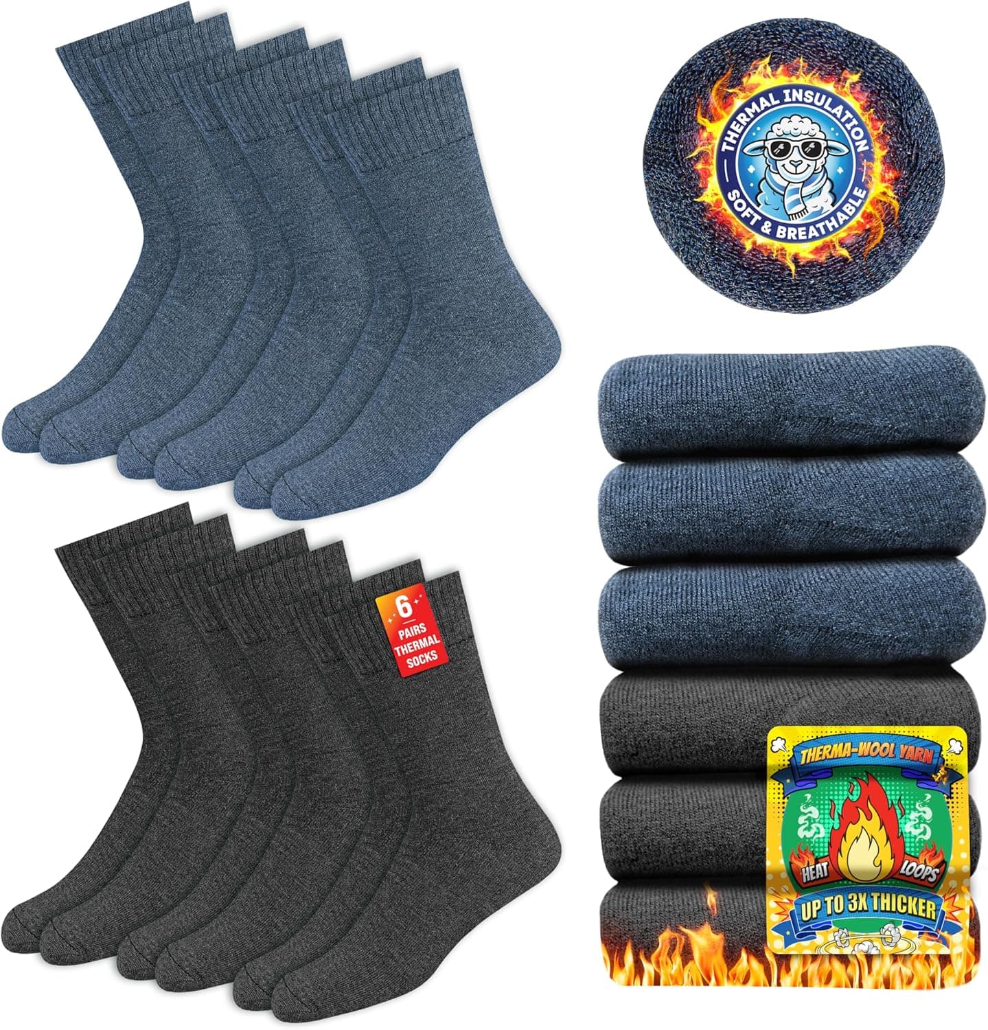 SOXCO Meias térmicas para homens e mulheres - meias quentes de inverno, embalagem de 6 pares