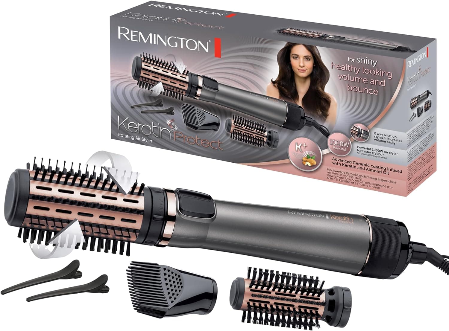 Remington Escova de ar Keratin Protect - modelador de cabelo, queratina e óleo de amêndoa, escova secador, 3 acessórios, moldes e volume, cerâmica, 1000 W, 2 temperaturas/velocidades - AS88111 12