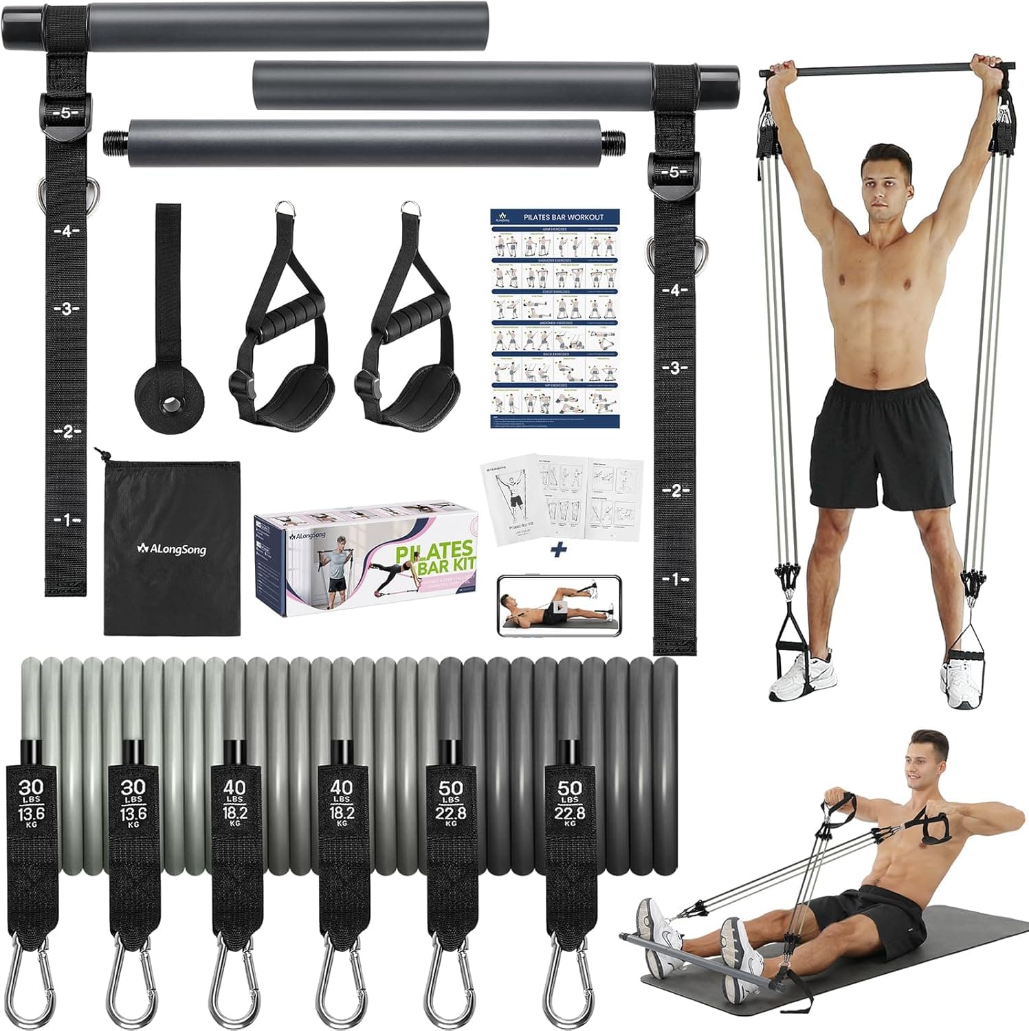 Barra de pilates, ALongSong Barra de pilates feita de ferro com 4/6 bandas elásticas de resistência de 20 - 180 LBS / 30-240 LBS / 50-360 LBS, fitness em casa para mulher