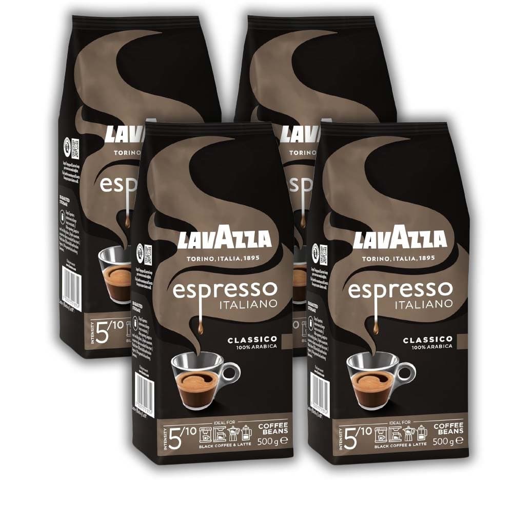 Lavazza, Espresso italiano clássico, café em grão natural, ideal para a máquina de café expresso, com notas aromáticas florais, 100 % árabe, intensidade 5, torção média, embalagem de 500 g x 4
