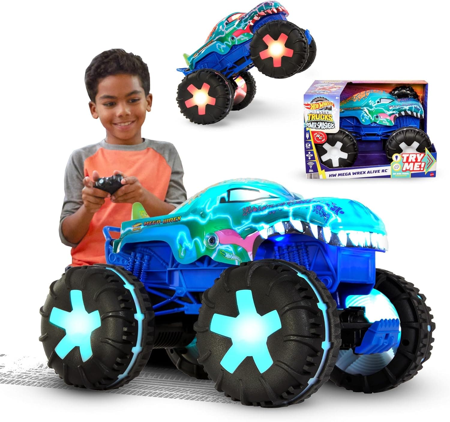 Hot Wheels Monster Trucks Carro telecomandado Mega-Wrex, carro de brinquedo rádio controlo com luzes, sons e 3 modos de jogo, 5 anos (JBD90)