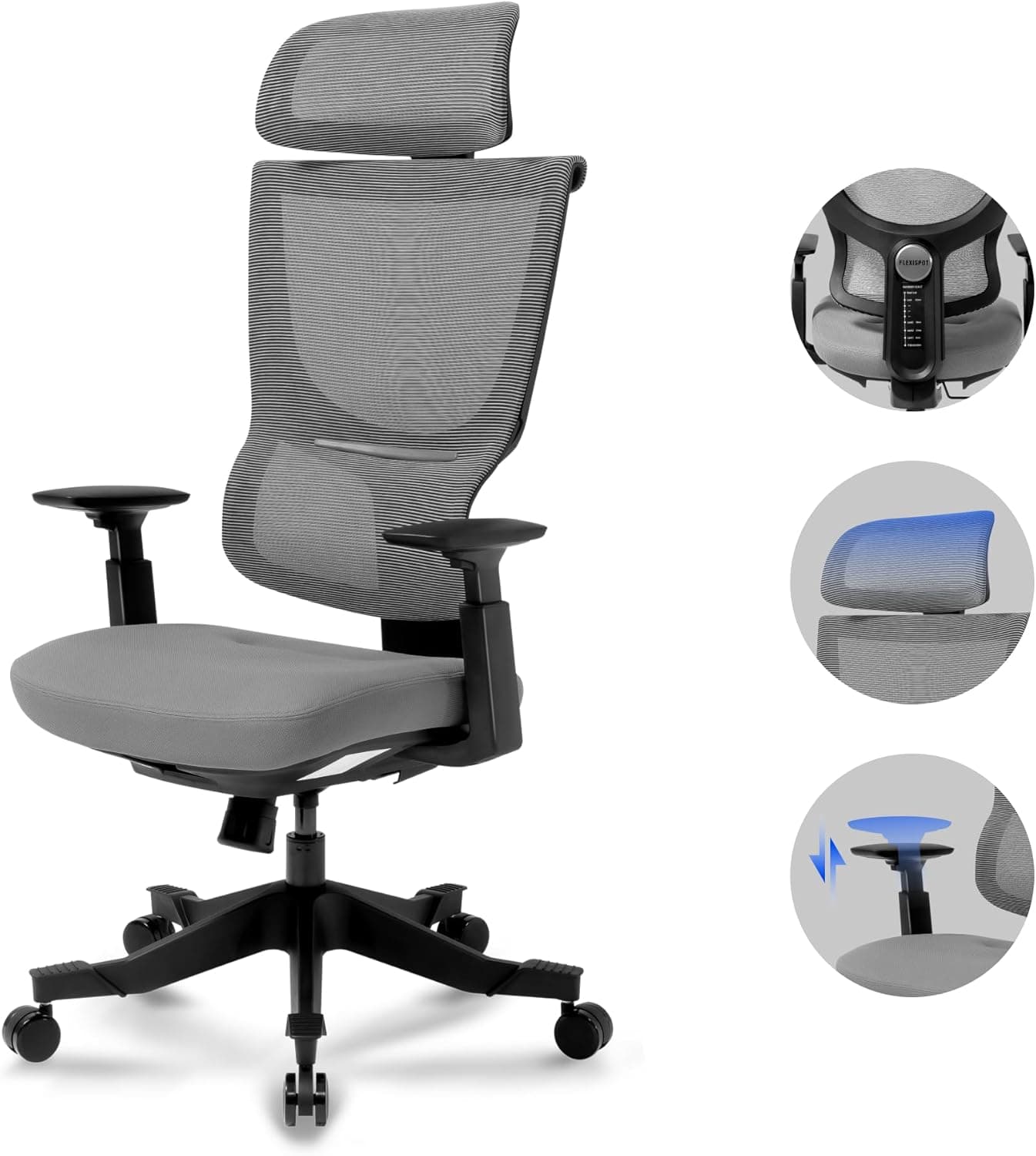FLEXISPOT Cadeira de escritório ergonómica, cadeira de escritório de malha Gaming, cadeira de secretária com suporte lombar ajustável, apoio de cabeça e apoios de braços, mecanismo de inclinação,